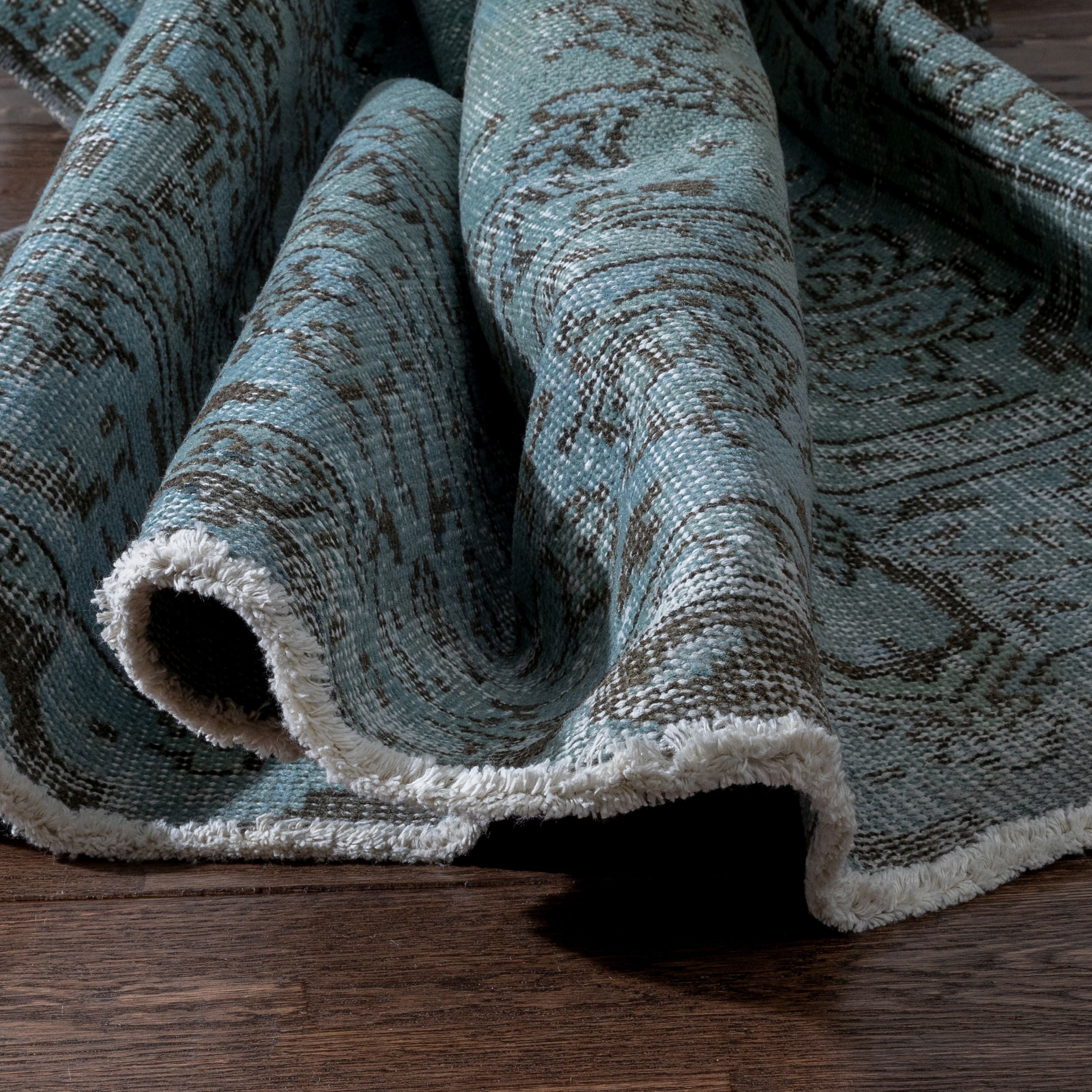 Ekrem Light Blue Overdyed Floral Pattern One-of-a-Kind Handmade Wool Area Rug 5'8 x 9'、mySite、gigharbornorthrealestate