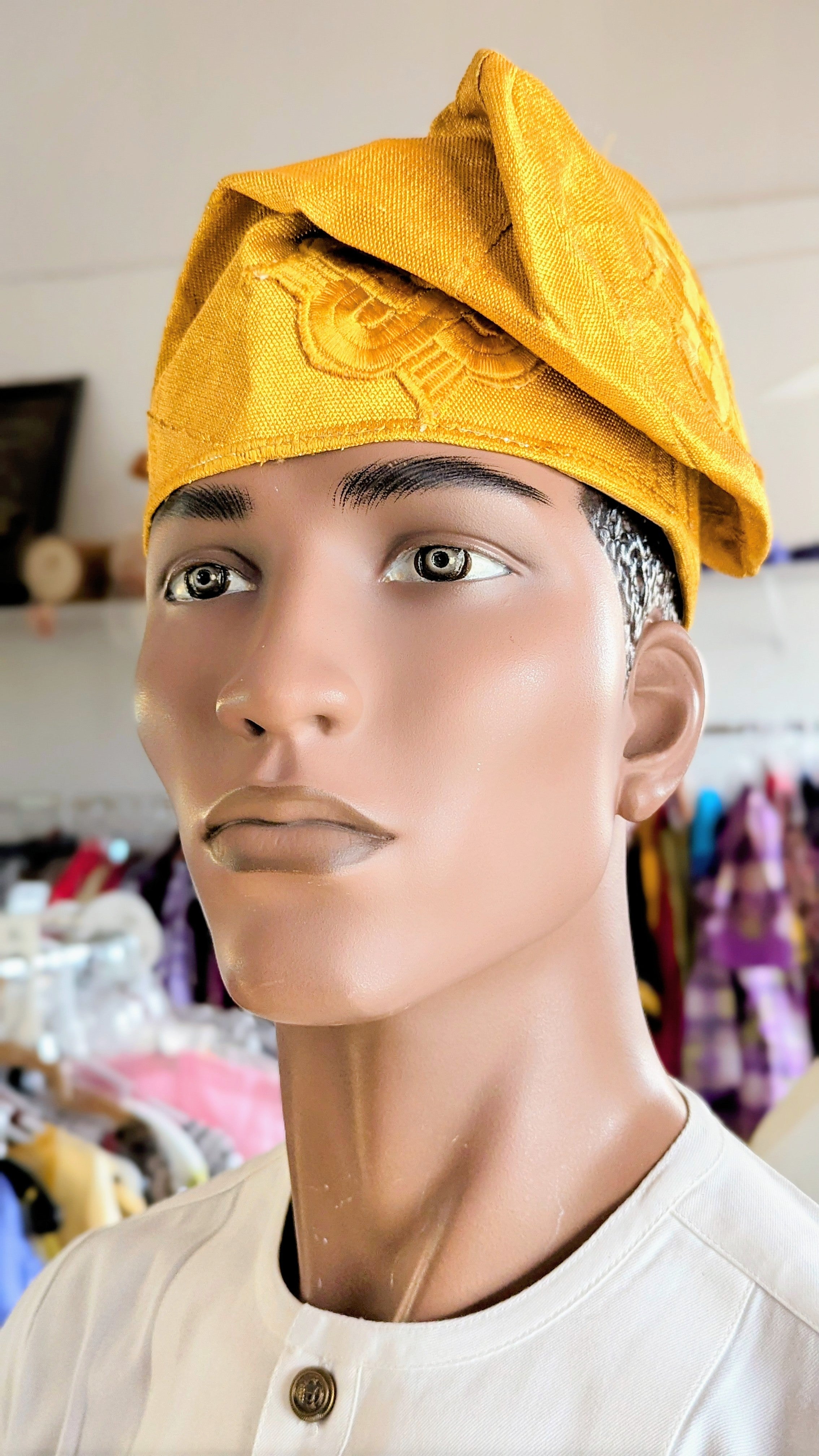 Dupsie's Majestic Gold Oluwafila African embroidered Aso Oke handwoven Fila Kufi cap Hat-DPHASFH4、mySite、solidvoid