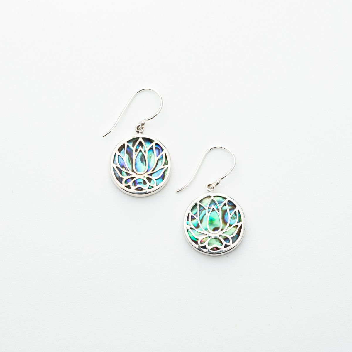 Lotus Flower with Paua Shell Round Dangle Earrings in Sterling Silver、mySite、topwebapps