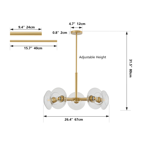 26" Modern Gold 5-Light Sputnik Chandelier with Clear Glass Shades, Mid-Century Hanging Pendant Light Fixture for Dining Room, Living Room, or Kitchen (Bulb Not Included)、、eastwooduniform