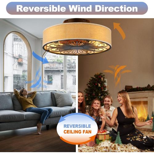 Caged Ceiling Fans with Lights Flush Mount,Low Profile Ceiling Fan with Remote,20 Inch Farmhouse White Ceiling Fan for Bedroom,6 Speeds Reversible Silent Fandalier (Bulb Not Included)、、eastwooduniform