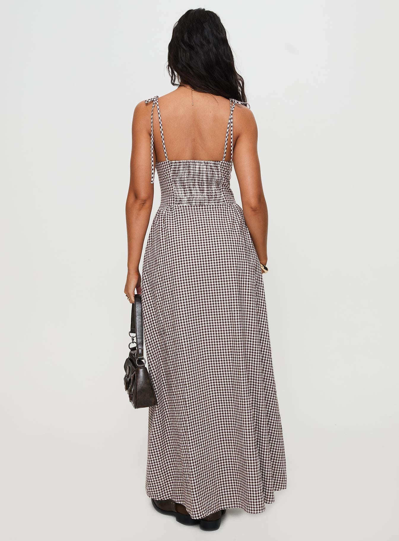 Dalanie Tie Strap Maxi Dress Brown Gingham、mySite、solidvoid