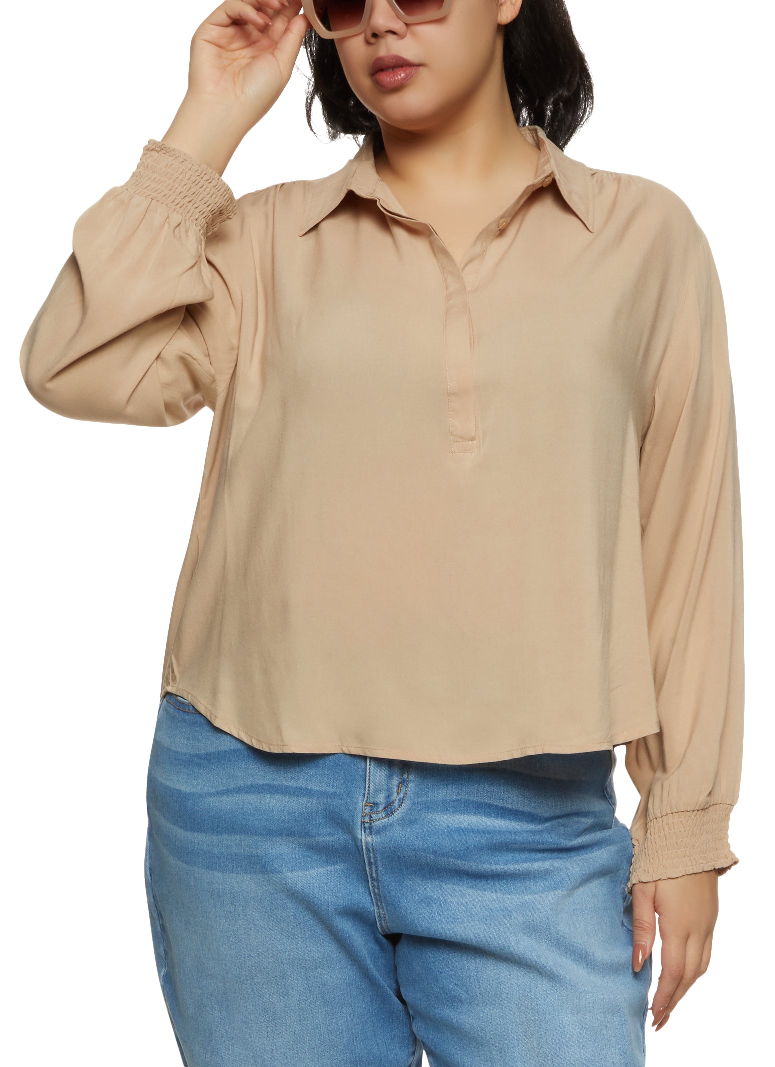 Plus Size Smocked Cuff Popover Top、mySite、camillekostekn