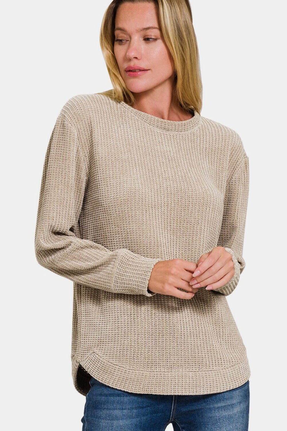 Zenana Chenille Waffle Round Neck Sweater、mySite、camillekostekn