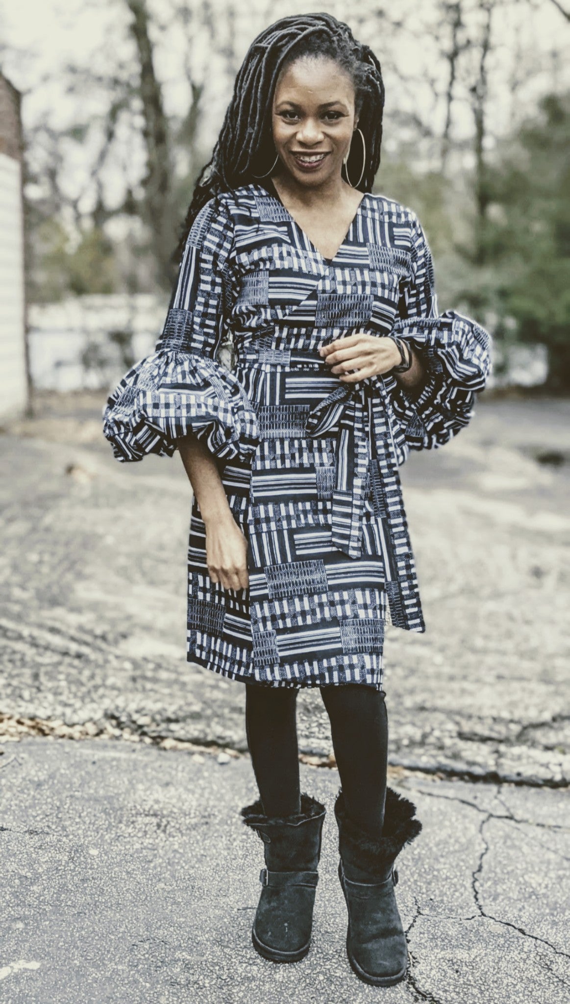 Emma Black White Kente African Print Wrap Dress-DPB0795PT、mySite、solidvoid