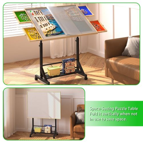 Wooden 1500 Piece Puzzle Table with Drawer, 35"*27.17" Adjustable Puzzle Table, 360° Tilting Puzzle Table with Legs and Wheels, Adjustable Height and Angle, with Protective Cover ( BACK TO SCHOOL )、、casual