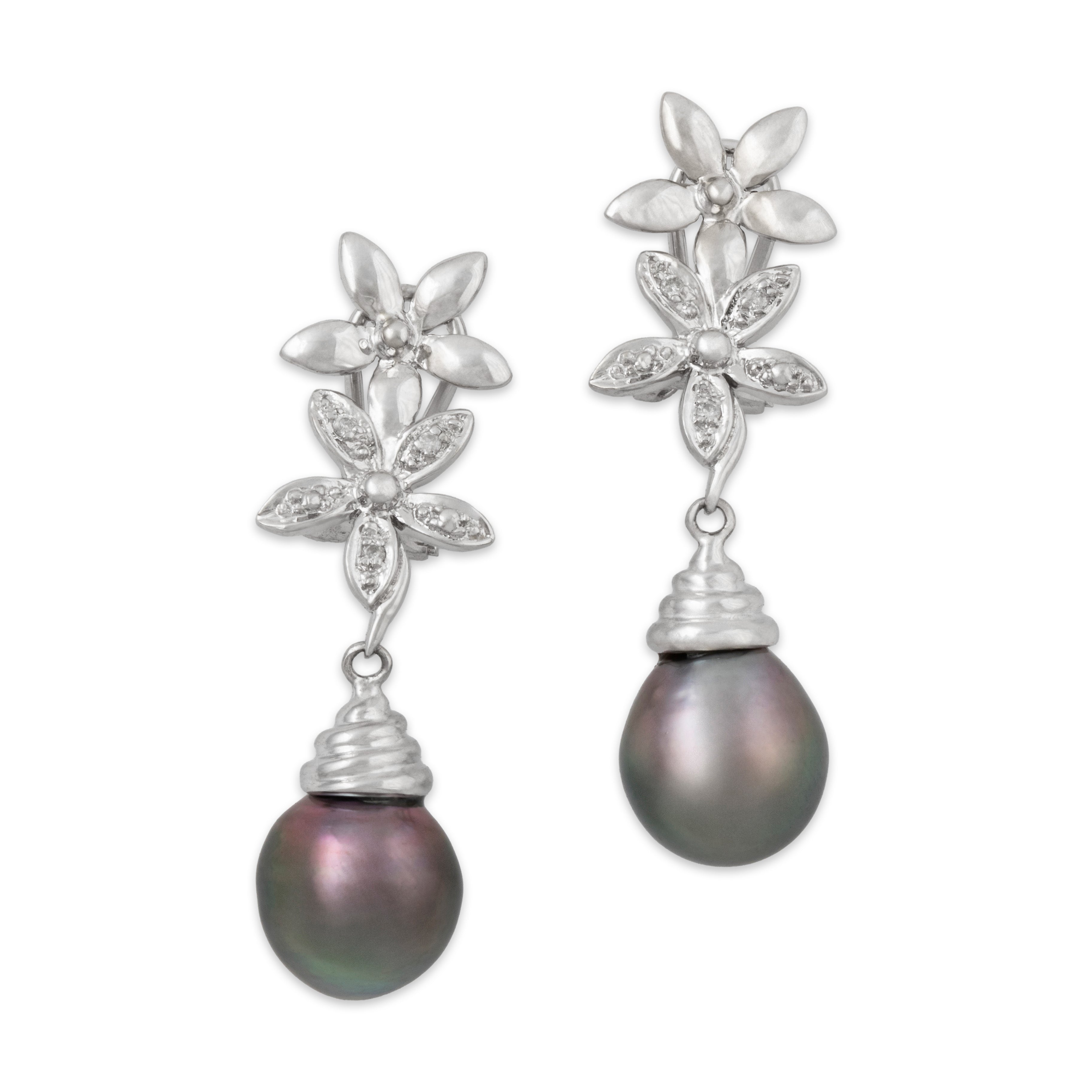 Vintage 14k White Gold Tahitian Pearl Diamond Wonderful Floral Dangle Earrings、mySite、hinf8tx79