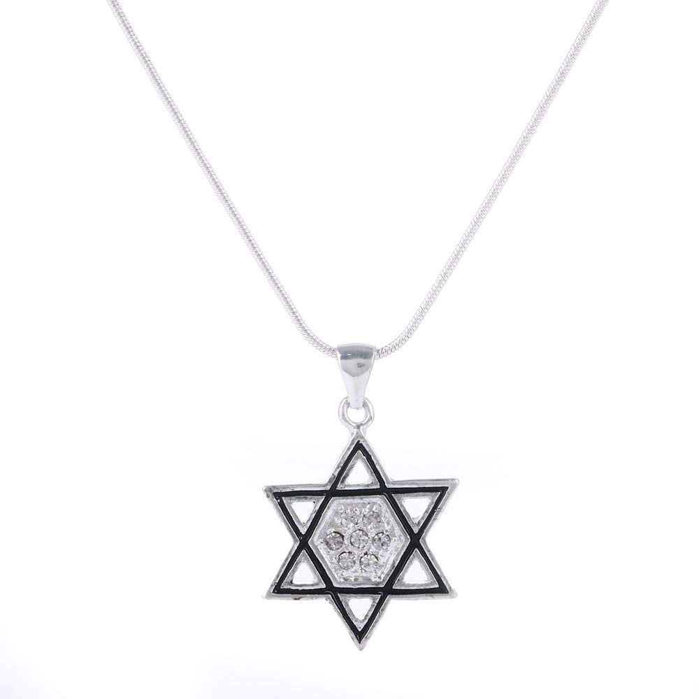 Star of David with CZ Stones and Black Enamel - Rhodium (2.5 cm - 1 inches - 20 Inch Chain)、mySite、topwebapps
