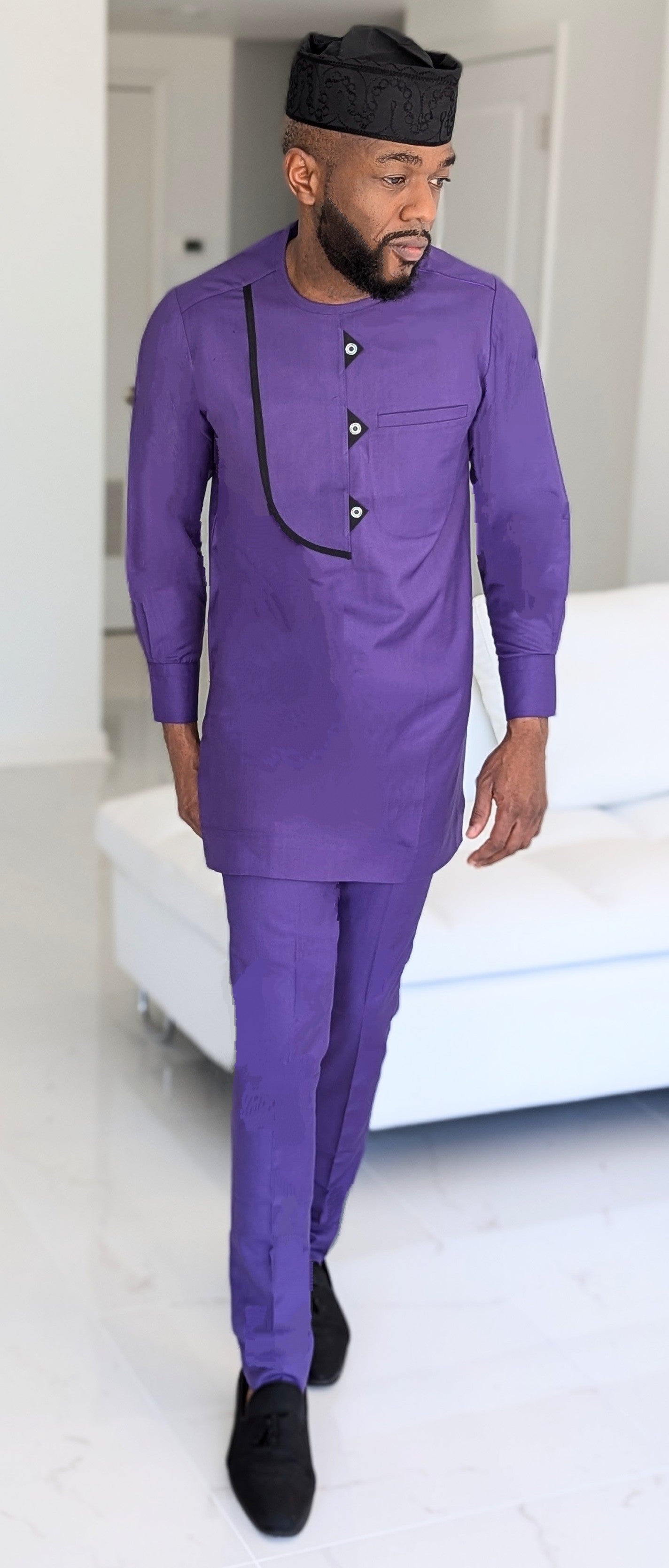 Dupsie's Gwari Elegance Purple with Black Trim African Senator Suit set DPASPBTP4、mySite、solidvoid