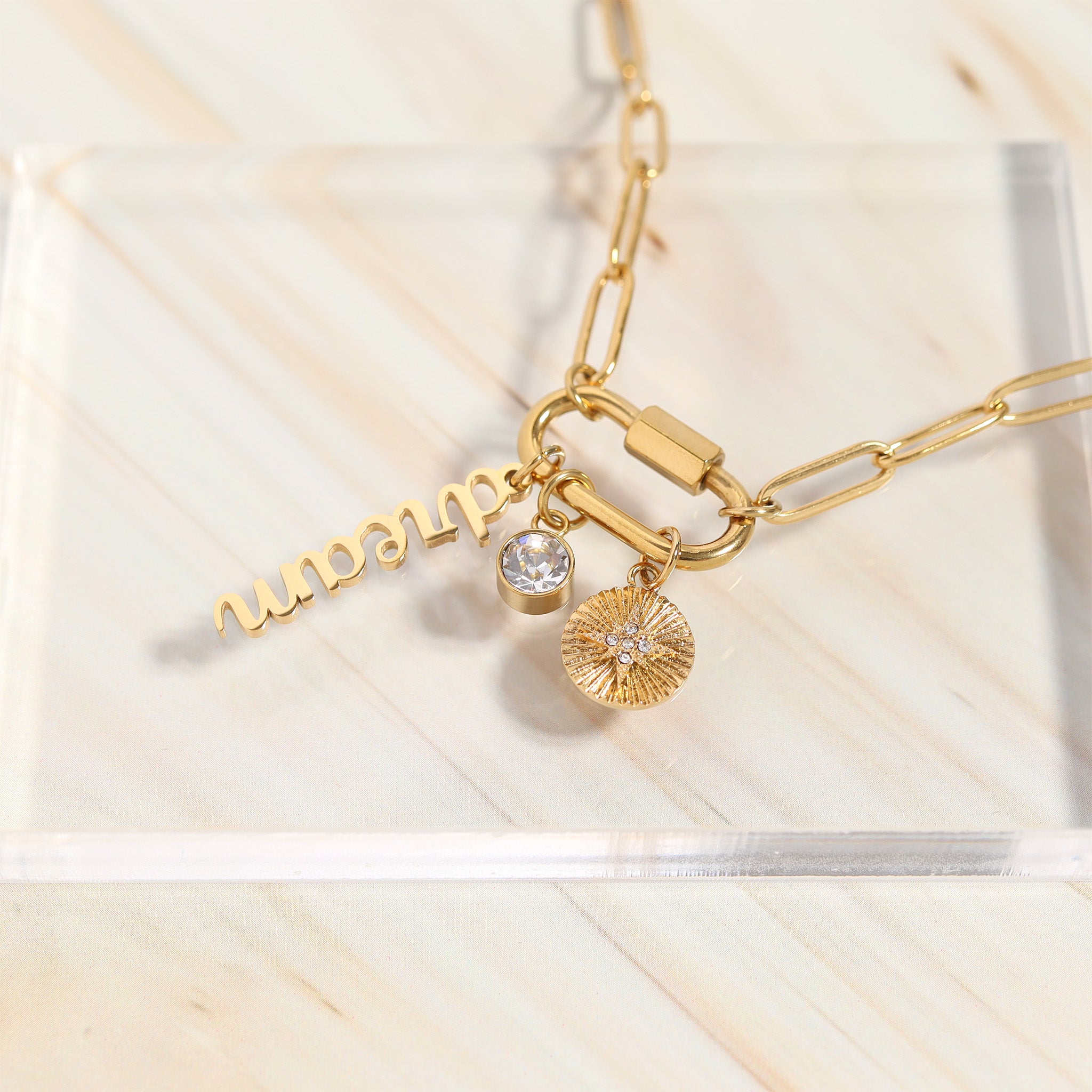 18K Gold PVD Stainless Steel Carabiner Dream Charm Paperclip Necklace / CHN0048、mySite、dreamappss