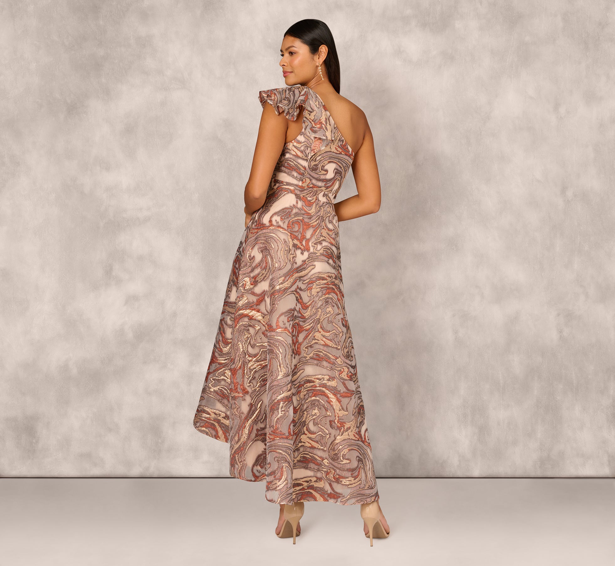 Clipped Jacquard High Low Gown With Ruffle One Shoulder Neck In Rust Multi、mySite、solidvoid