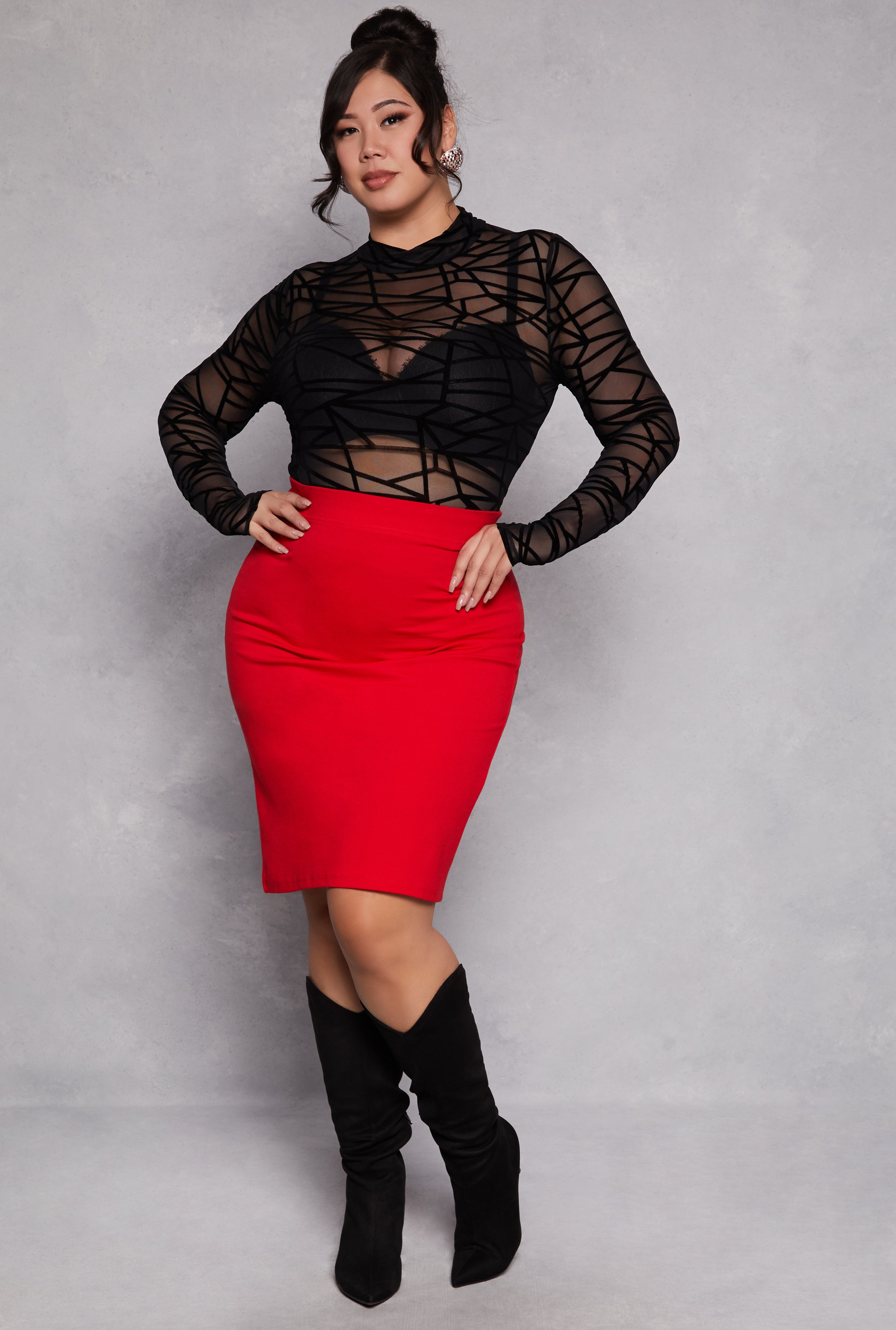 Plus Size Mesh Velvet Burnout Printed Bodysuit、mySite、camillekostekn