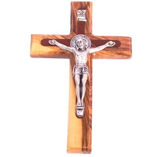 Holy Land Market Two Tone Saint Benedict Crucifix Olive Wood from Bethlehem with Top Grade Corpus and Saint Benedict Medal from Front and Back、mySite、topwebapps