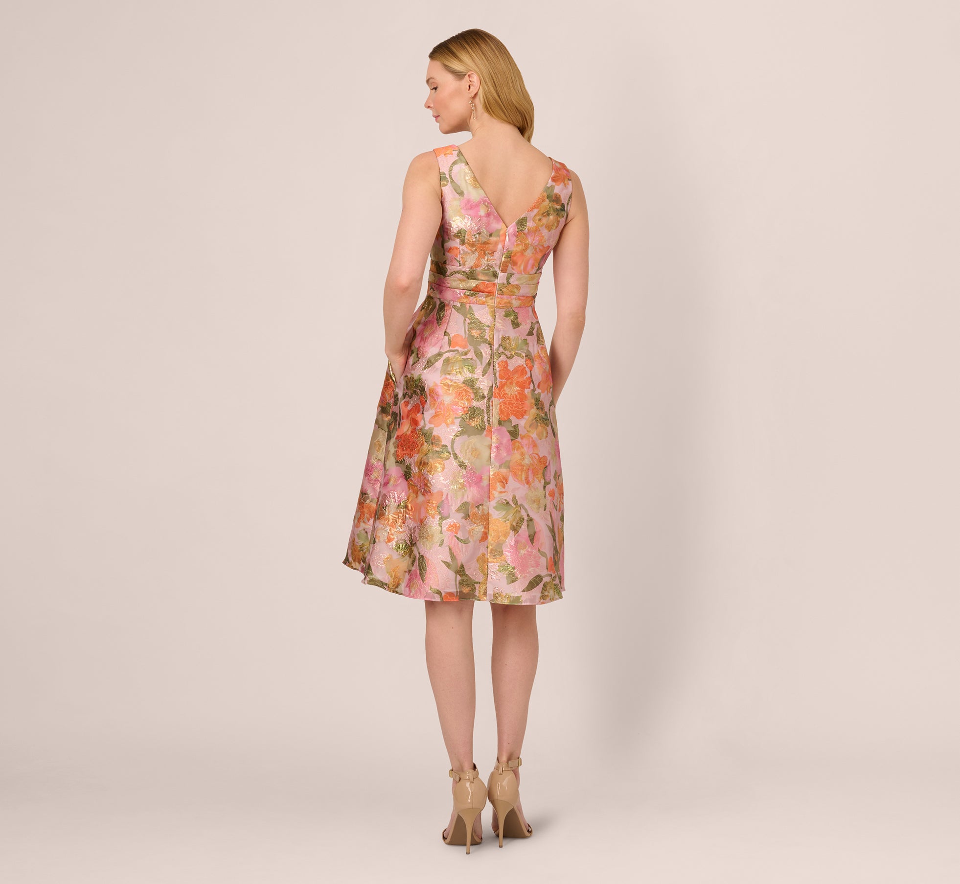 Metallic Floral Jacquard Midi Dress In Yellow Orange Multi、mySite、solidvoid
