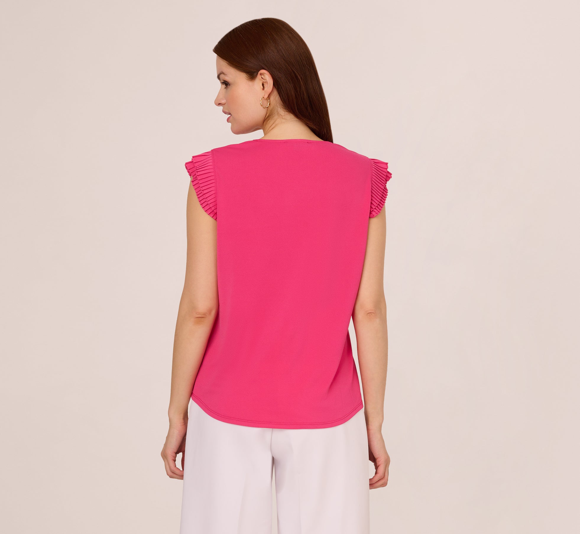 V-Neck Top With Pleated Flutter Sleeves In Fuchsia Fedora、mySite、solidvoid