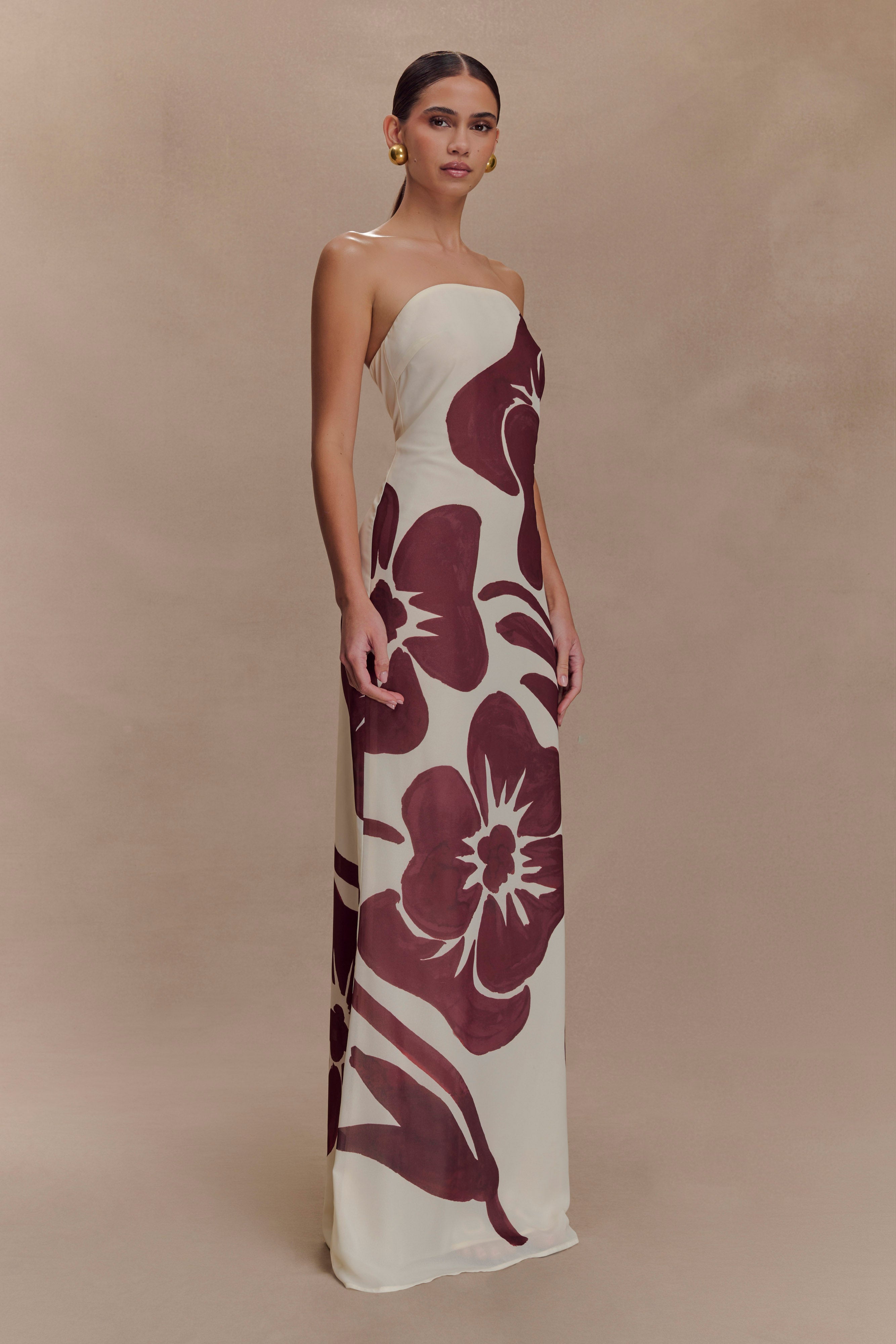Amaya Strapless Chiffon Maxi Dress - Brown Deco Fleur Print、mySite、solidvoid