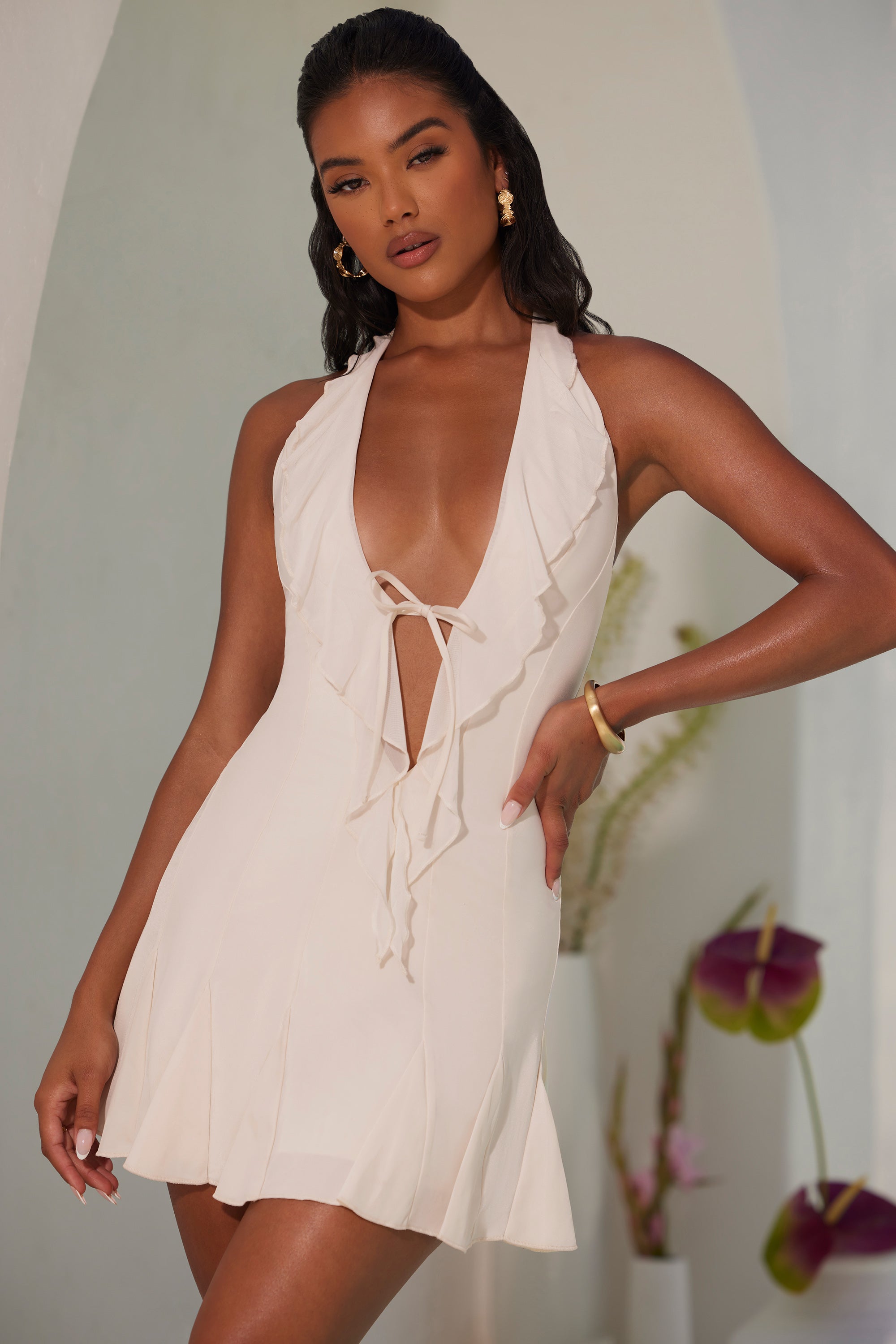 Halter Neck Ruffle A-Line Mini Dress in Ivory、mySite、solidvoid