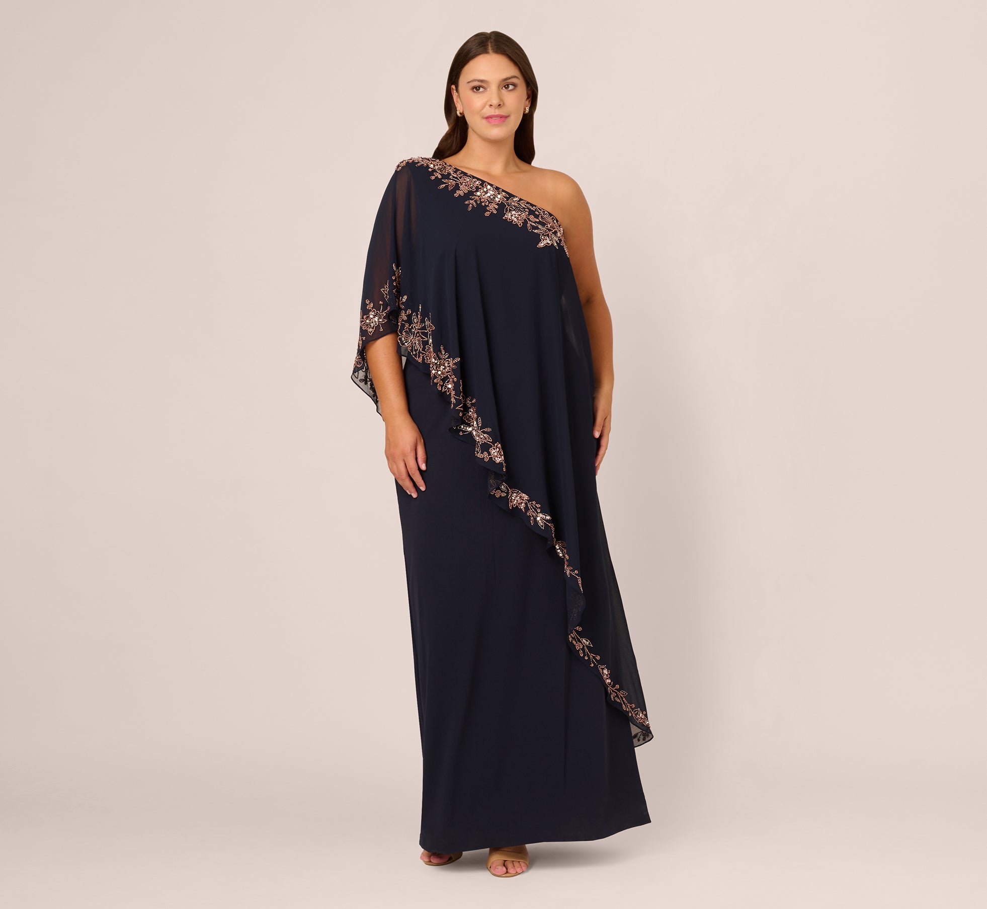 Plus Size One Shoulder Bead Chiffon Cape Dress In Navy Rosegold、mySite、solidvoid