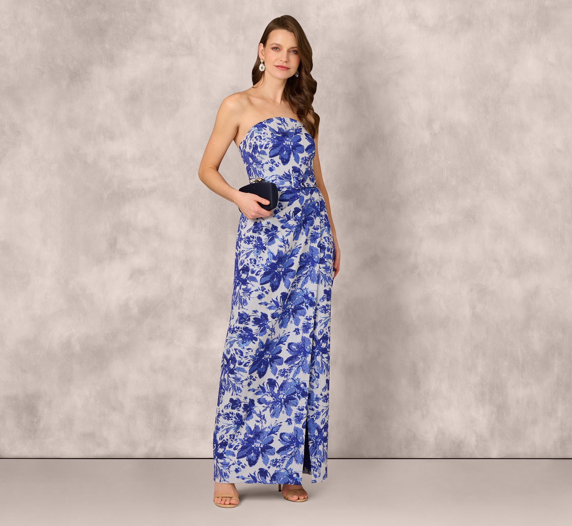 Strapless Belted Floral Jacquard Column Gown In Rich Royal、mySite、solidvoid