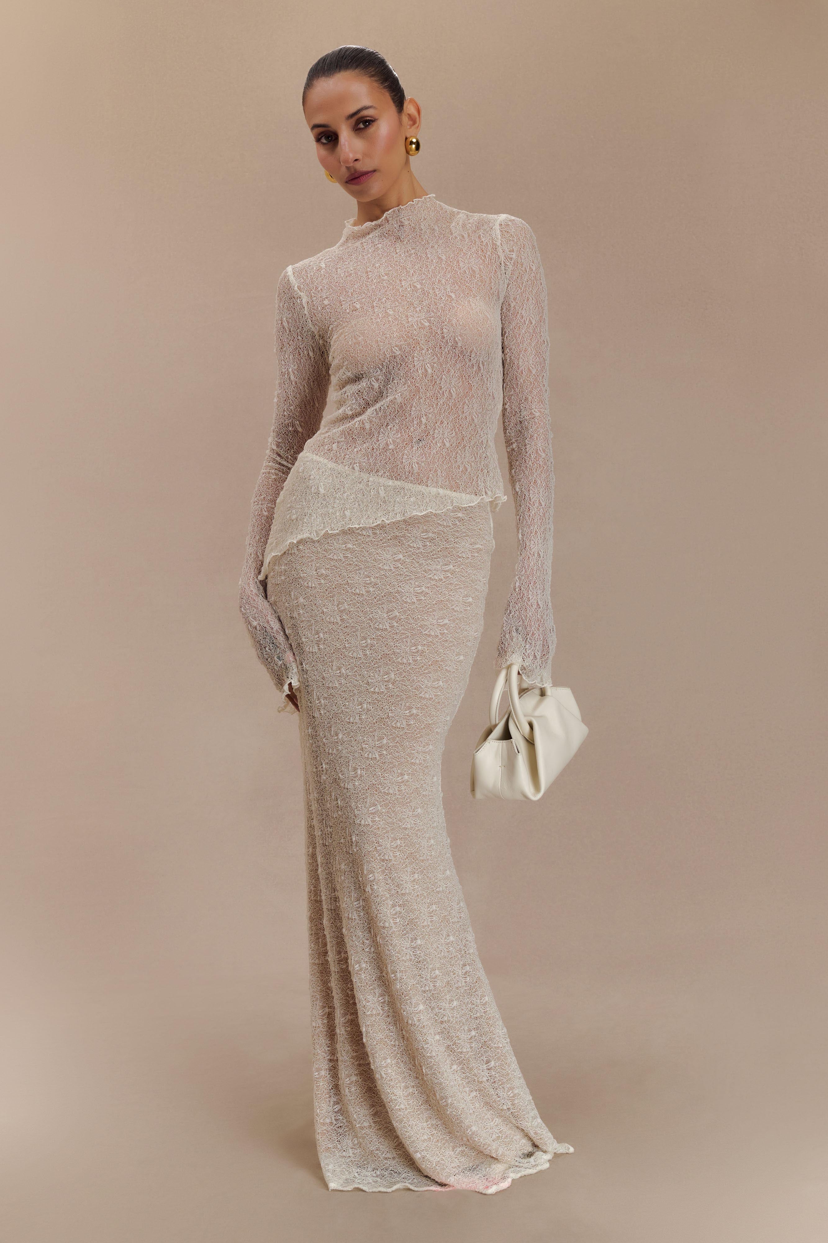 Riley Sheer Lace Long Sleeve Top - Ivory、mySite、solidvoid