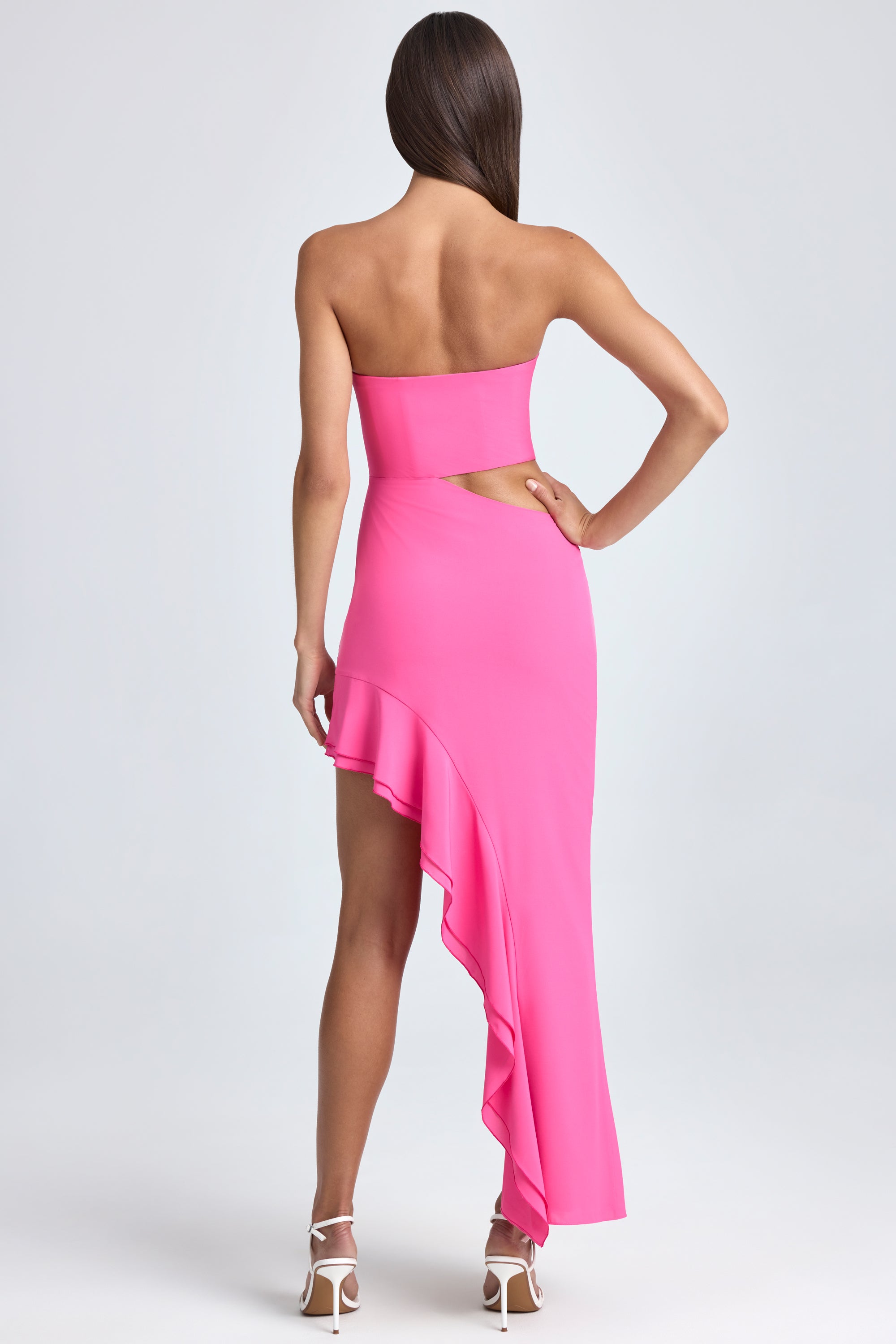 Bandeau Cut-Out Ruffle-Trim Maxi Dress in Lollipop Pink、mySite、solidvoid