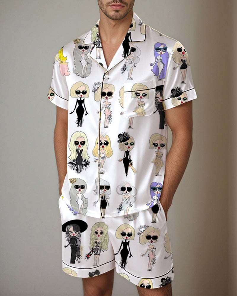 Men Cow Print Satin Pajama Set、mySite、bengalsvssteelers
