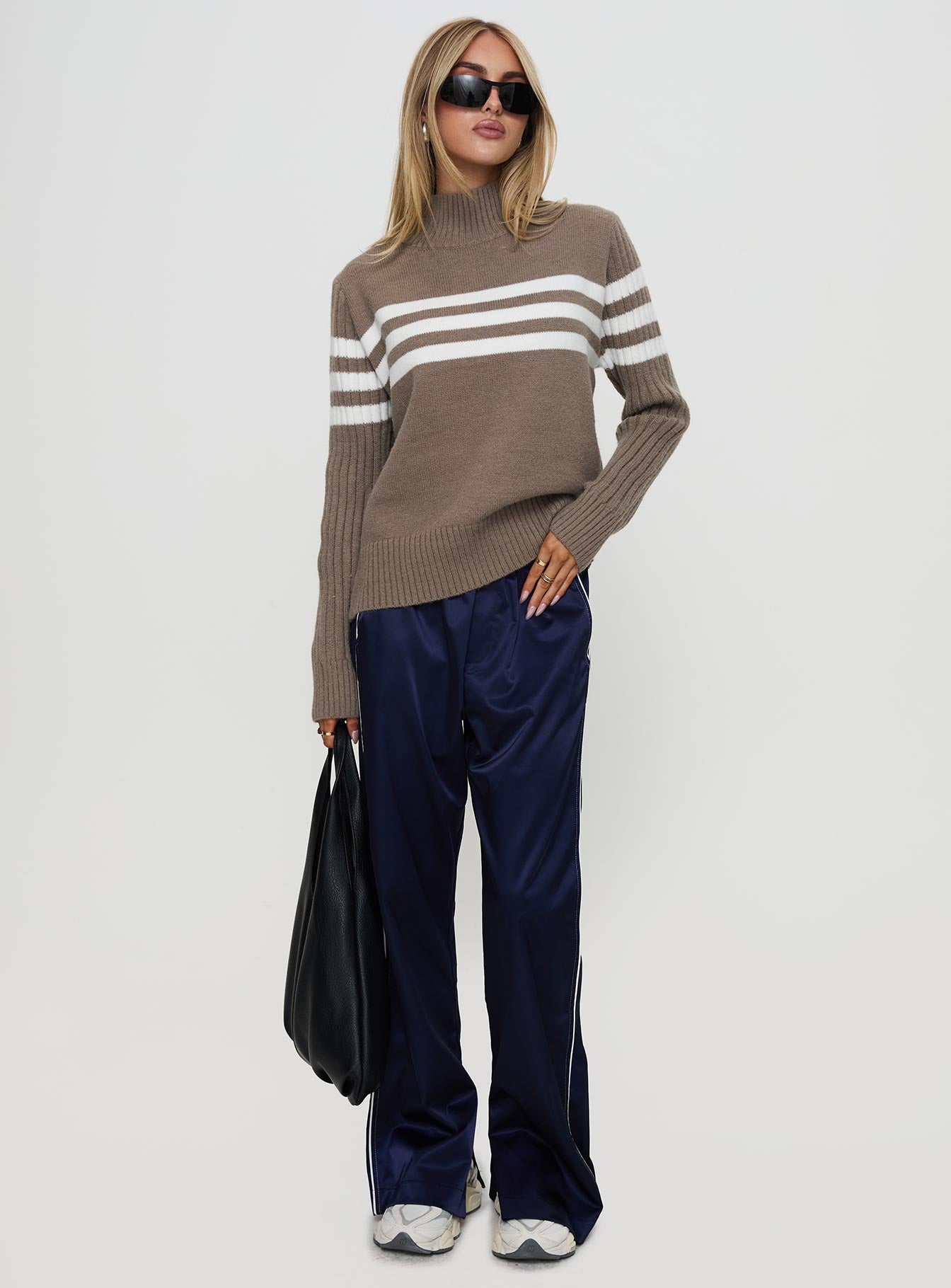 Bessemer Funnel Neck Knit Sweater Mocha Stripe、mySite、solidvoid