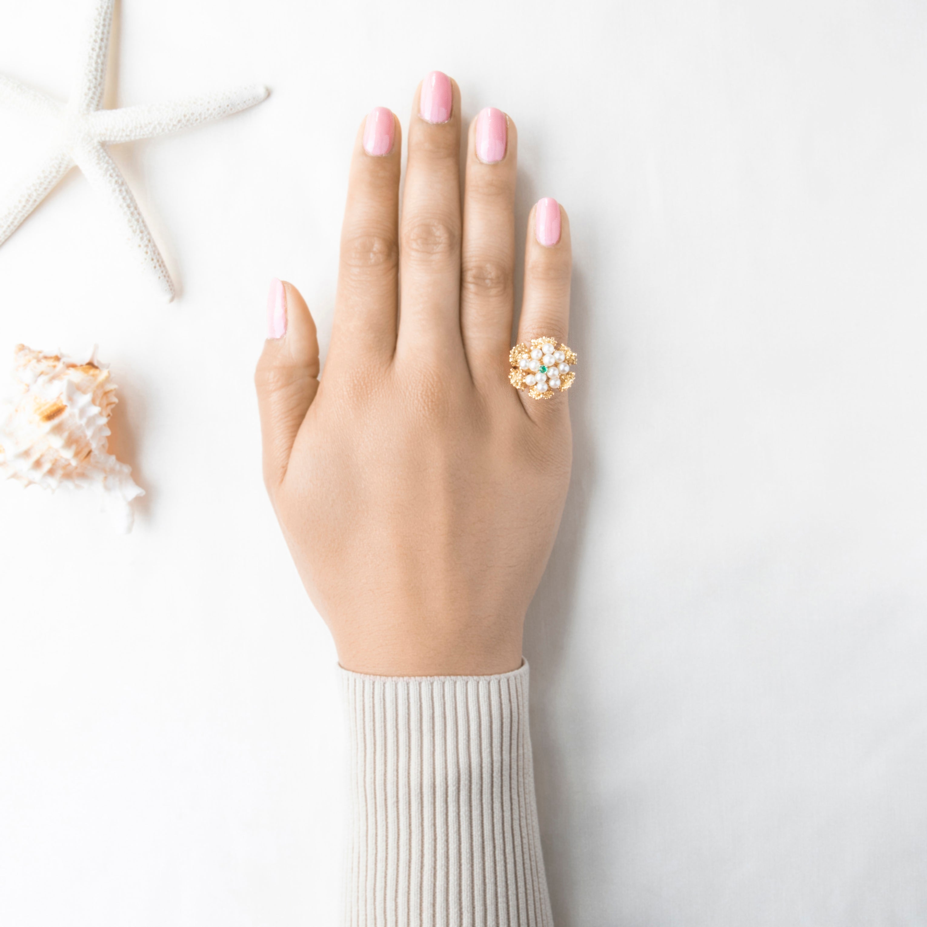 Vintage Heavy 14k Yellow Gold Pearl Emerald Lustrous Cocktail Ring 4.50、mySite、hinf8tx79