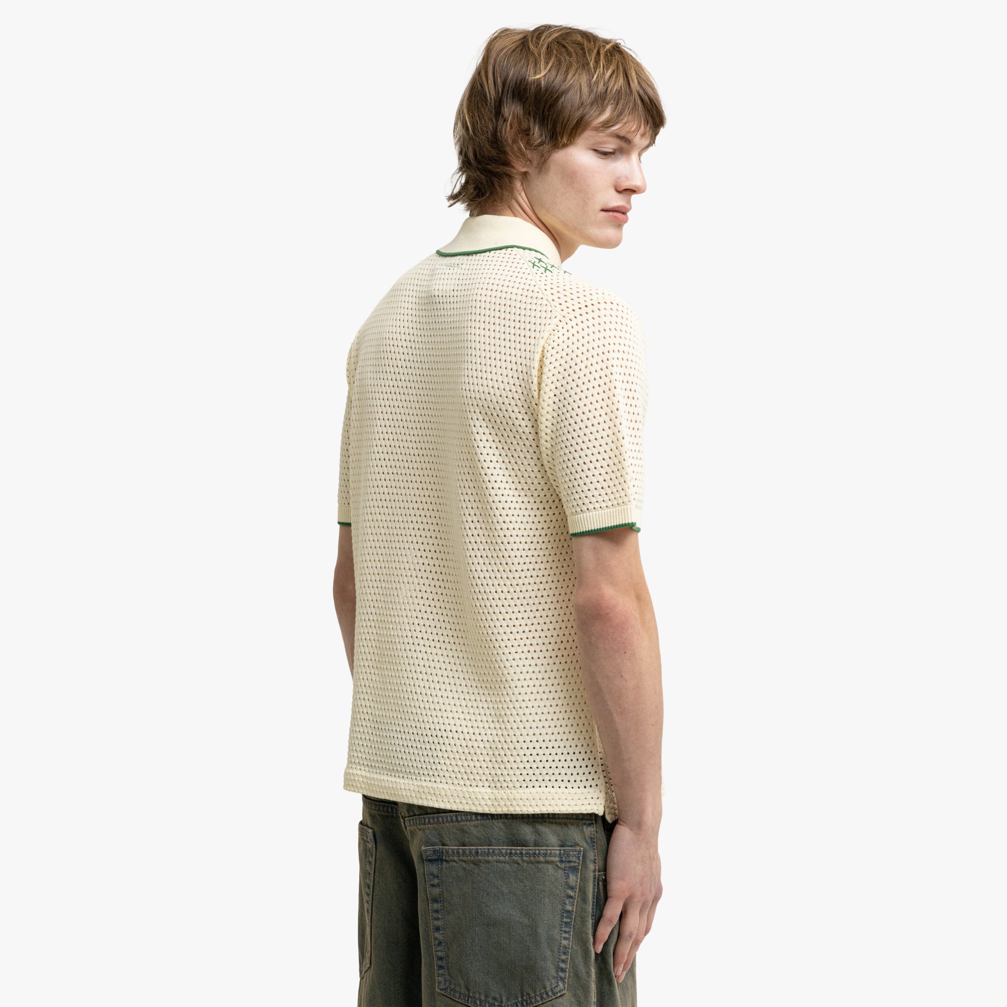  BEAMS PLUS Mesh Knit Stripe Polo Off White、mySite、merchandisen
