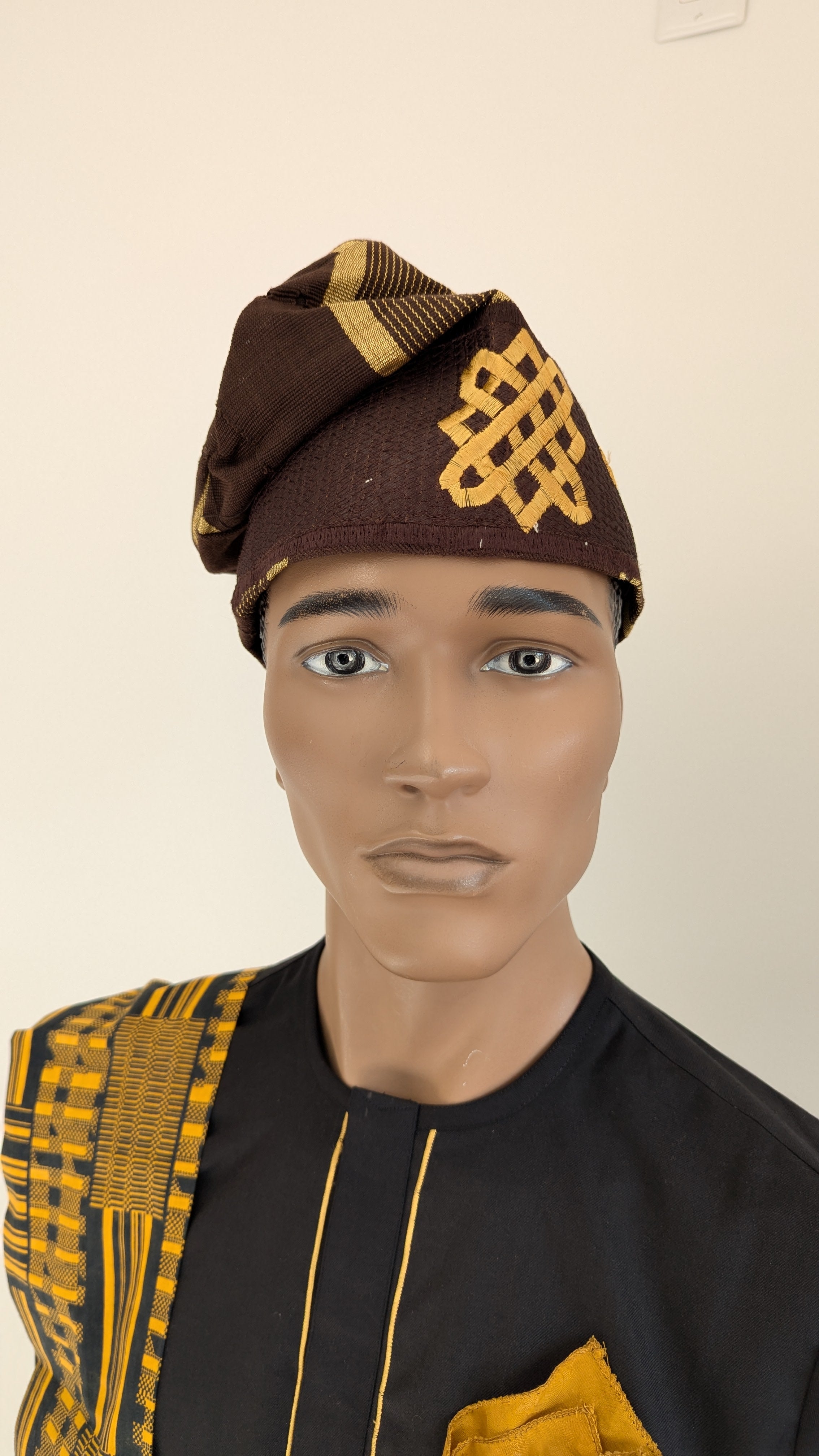 Dupsie's Wadeola Striped Brown and Gold Handwoven Aso Oke Fila kufi cap Hat DPHABG58、mySite、solidvoid