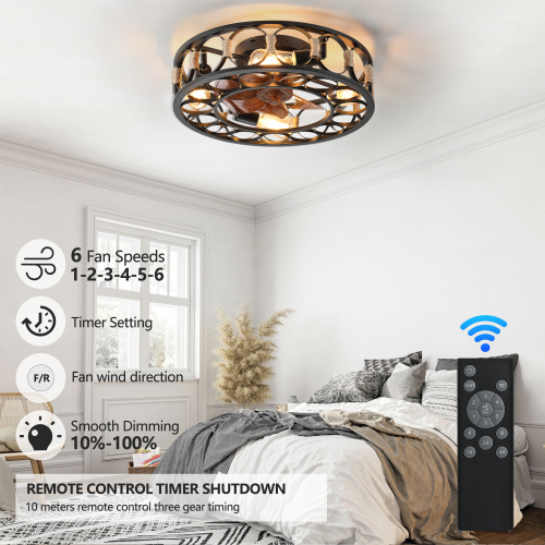 Caged Ceiling Fan with Lights Remote Control,Semi -embedded Modern Ceiling fans, 6 Speeds Reversible Blades, 4 LED Bulbs Include(White)、、eastwooduniform