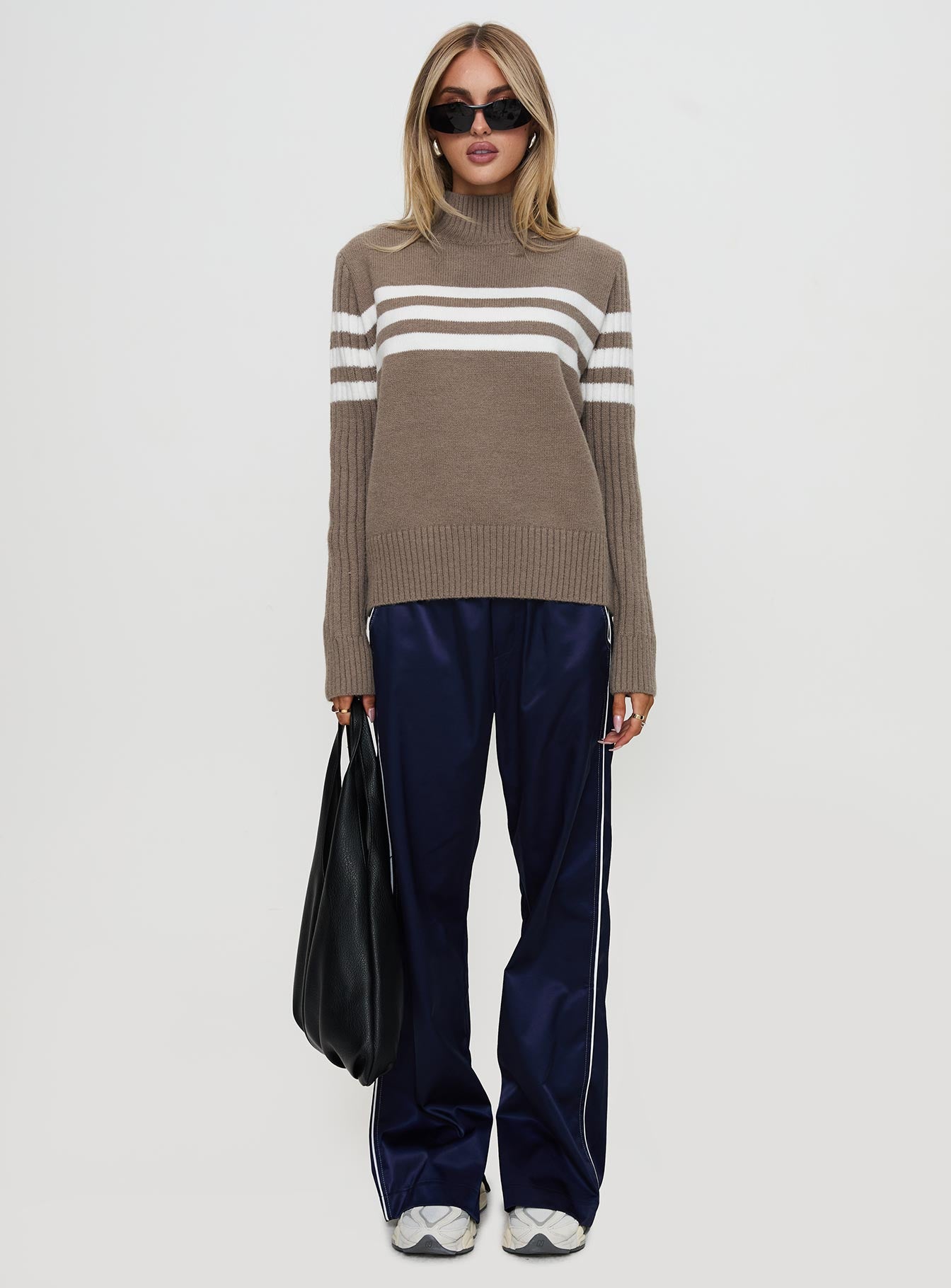 Bessemer Funnel Neck Knit Sweater Mocha Stripe、mySite、solidvoid