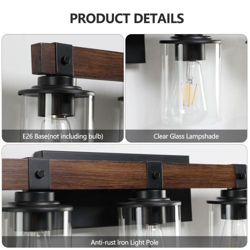 (Same as W1340119957/L1016) 27" Rustic 4-Light Vanity Light, Industrial Bathroom Wall Sconce with Glass Shades and Wood Accent, Modern Farmhouse Lighting Fixture (No Bulbs)、、eastwooduniform