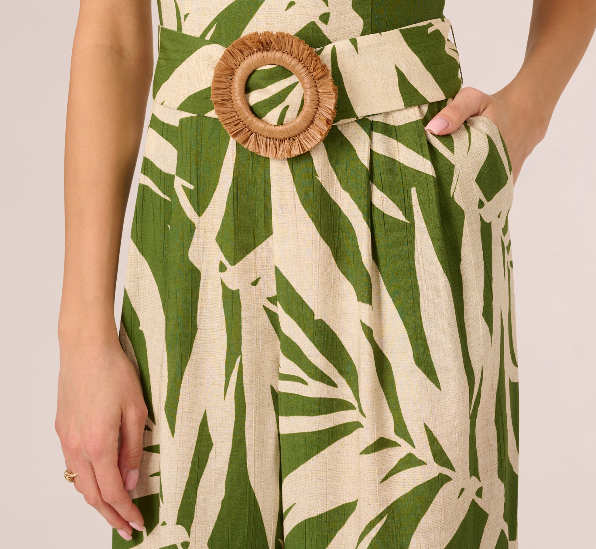 Sleeveless Palm Leaf Wide Leg Jumpsuit In Green Ivory、mySite、solidvoid
