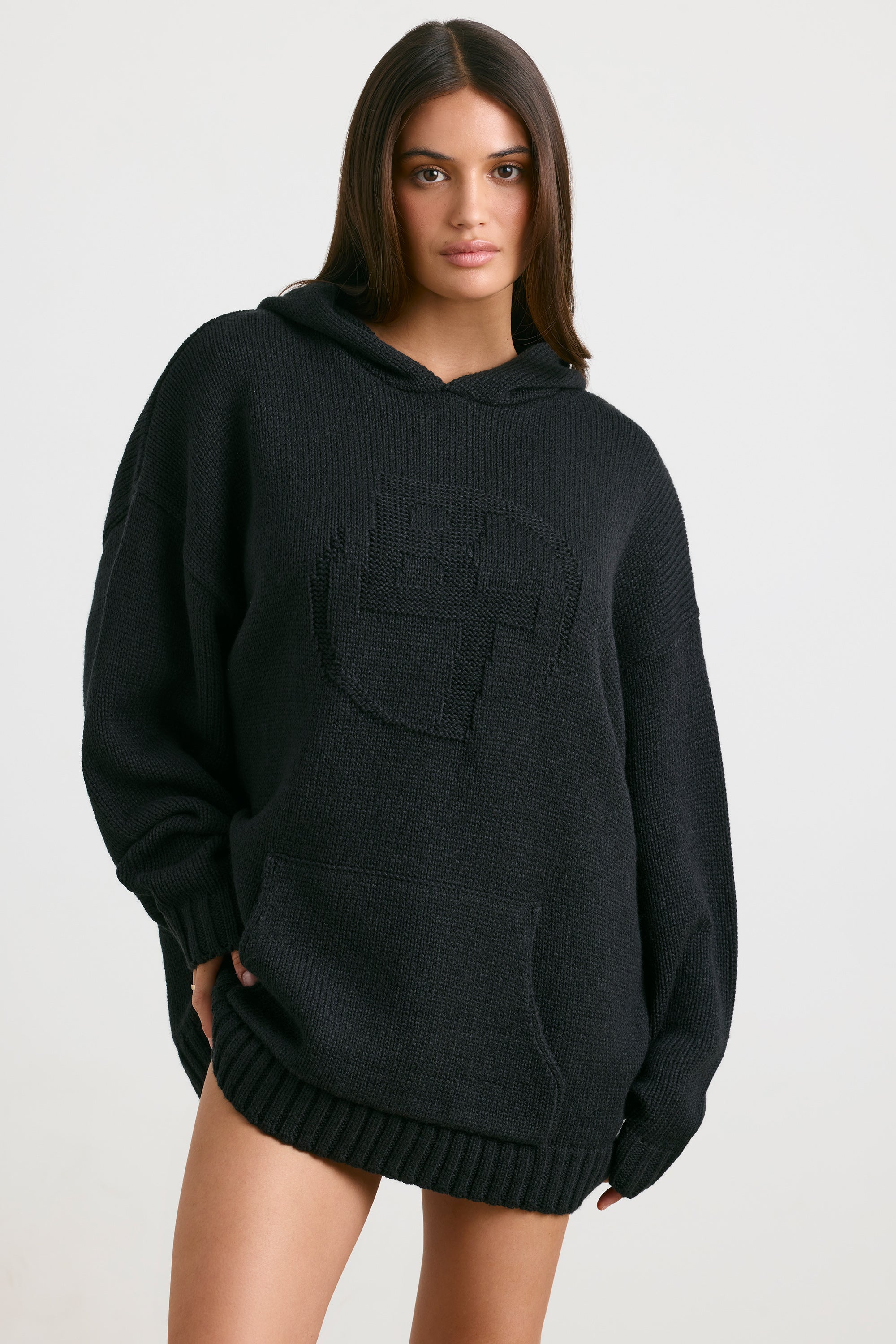 Oversized Chunky Knit Hoodie in Black、mySite、solidvoid
