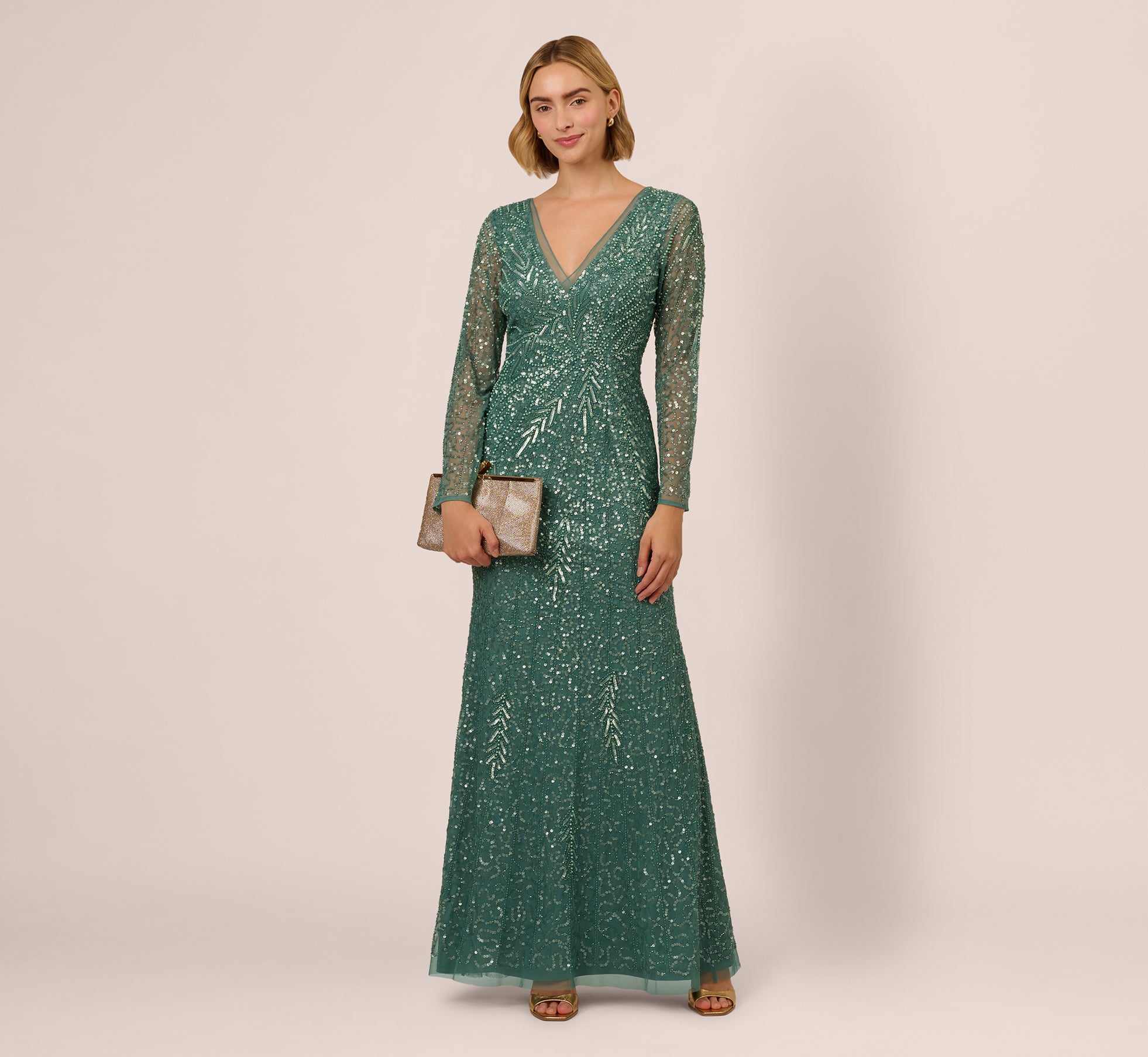 Long Sleeve Beaded Full Length Dress In Green Slate、mySite、solidvoid