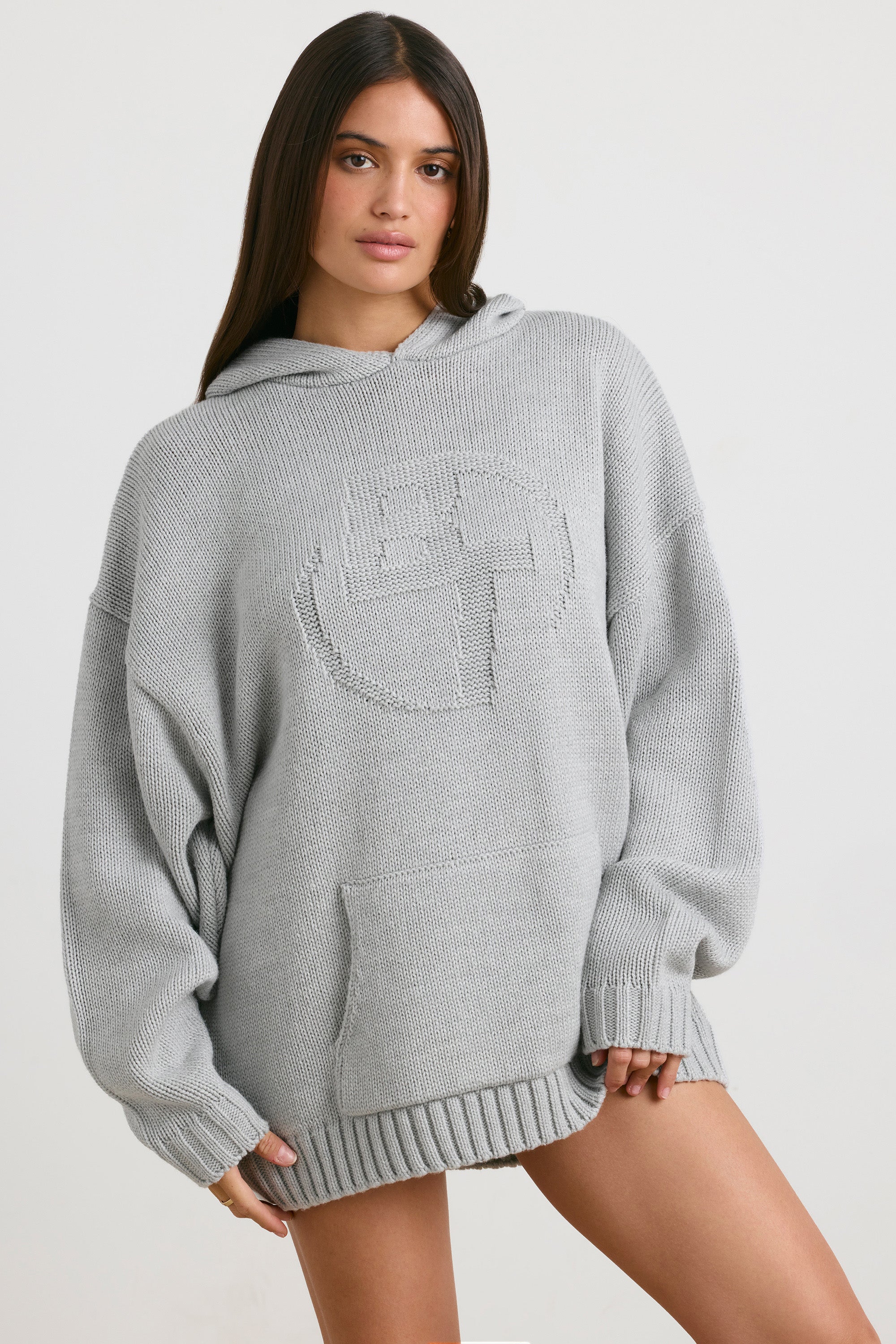 Oversized Chunky Knit Hoodie in Heather Grey、mySite、solidvoid