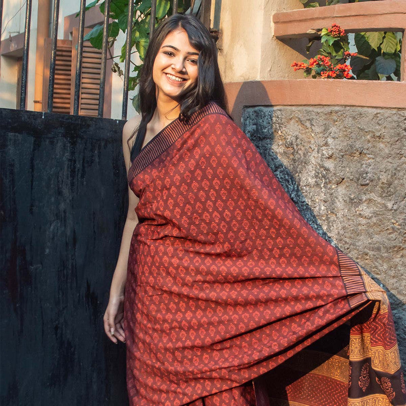Festive Wear | Bagru Printed Chanderi Maroon Saree、mySite、camillekostekn