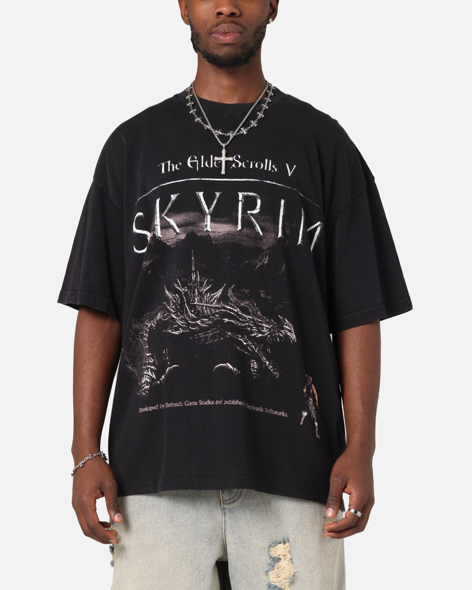 73 Studio X The Elder Scrolls V: Skyrim '11 Dragonborn Vintage T-Shirt Black Acidwash、mySite、zt4zffjzw