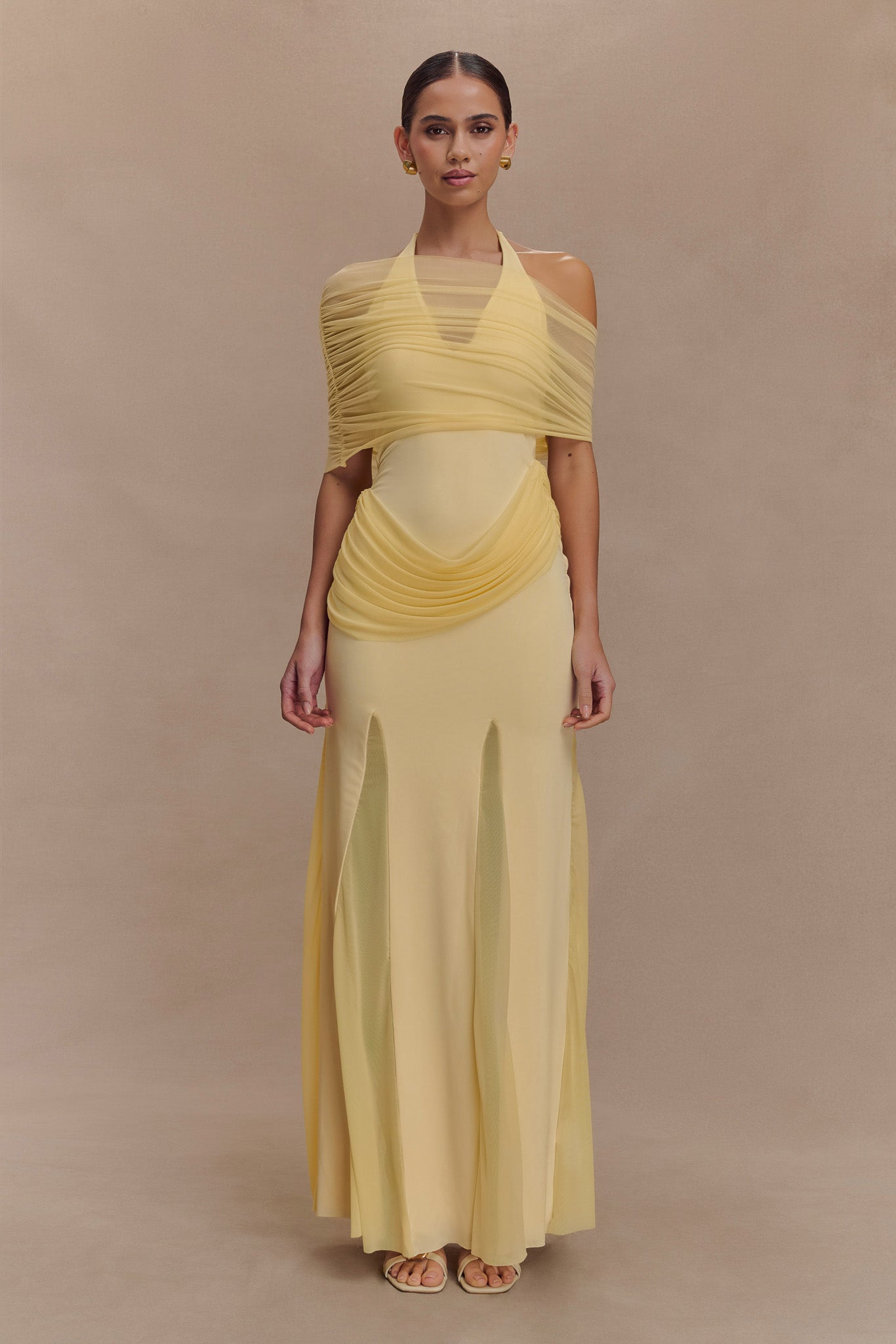 Gabrielle Slinky And Mesh Maxi Dress - Lemon、mySite、solidvoid