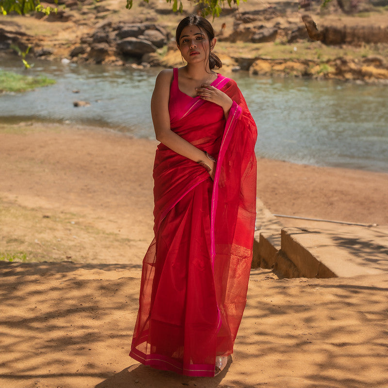 Chanderi Silk Cotton Saree | Red & Pink、mySite、camillekostekn