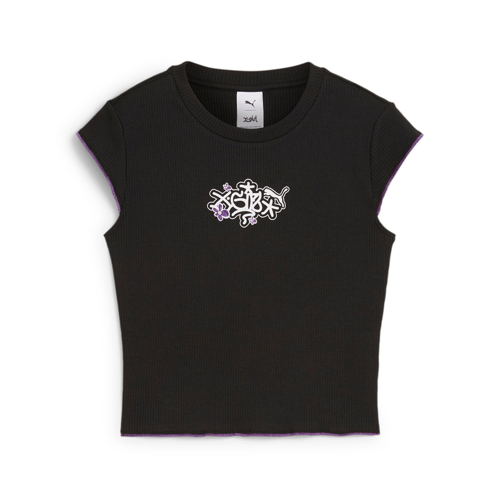 X-Girl Slim Ribbed Graphic Crew Neck Short Sleeve T-Shirt、mySite、gtrtttuynbv