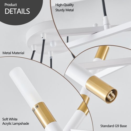 41" White & Golden Modern Chandelier Light Fixture, Branch Design with Frosted Tubes, Black Cords, Adjustable Height Pendant Light for Dining Room, Living Room, or Kitchen Island (Bulb Not Included)、、eastwooduniform