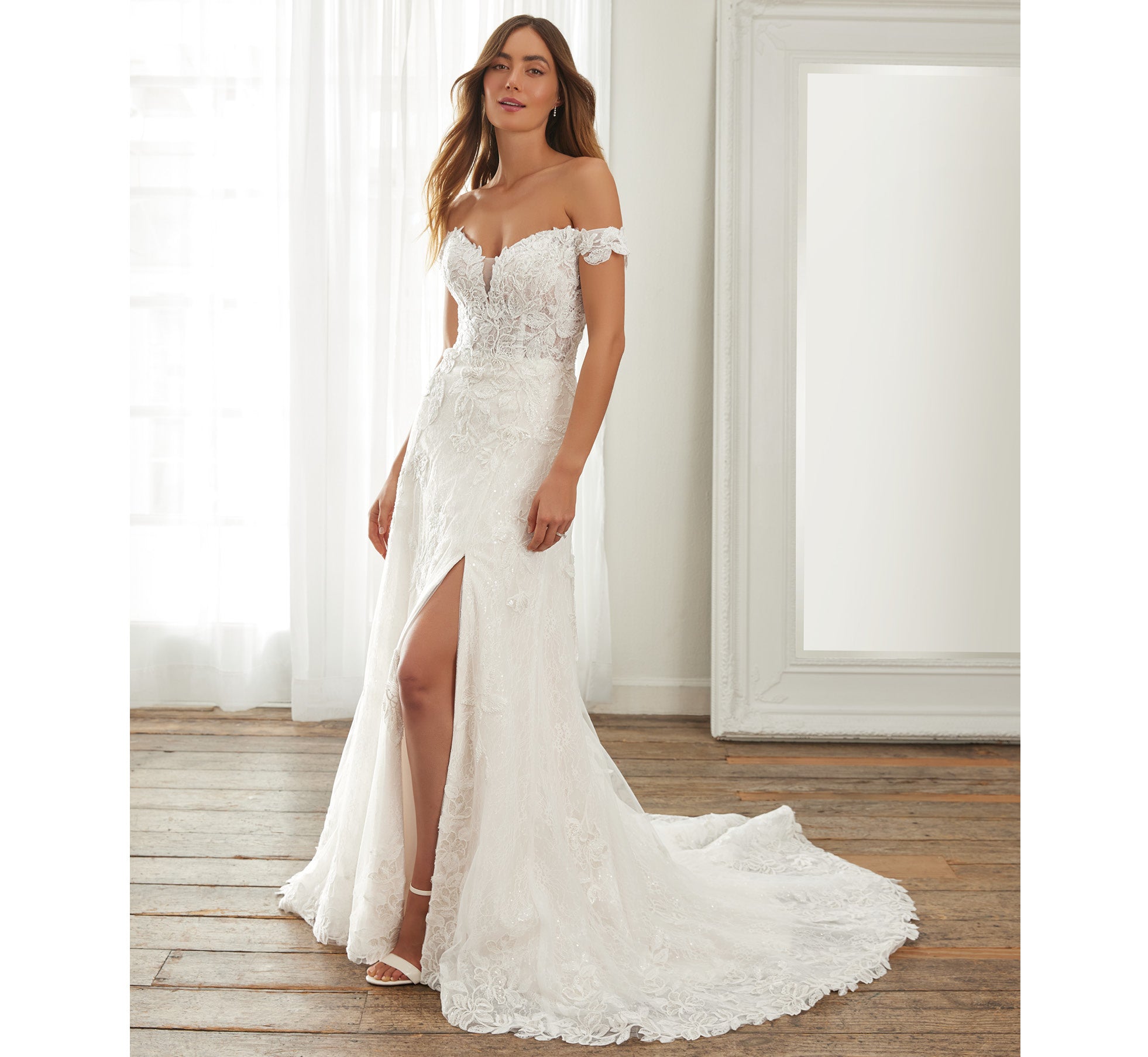 Hand-Sequined Lace Off-The-Shoulder Gown In Ivory Almond Nude、mySite、solidvoid