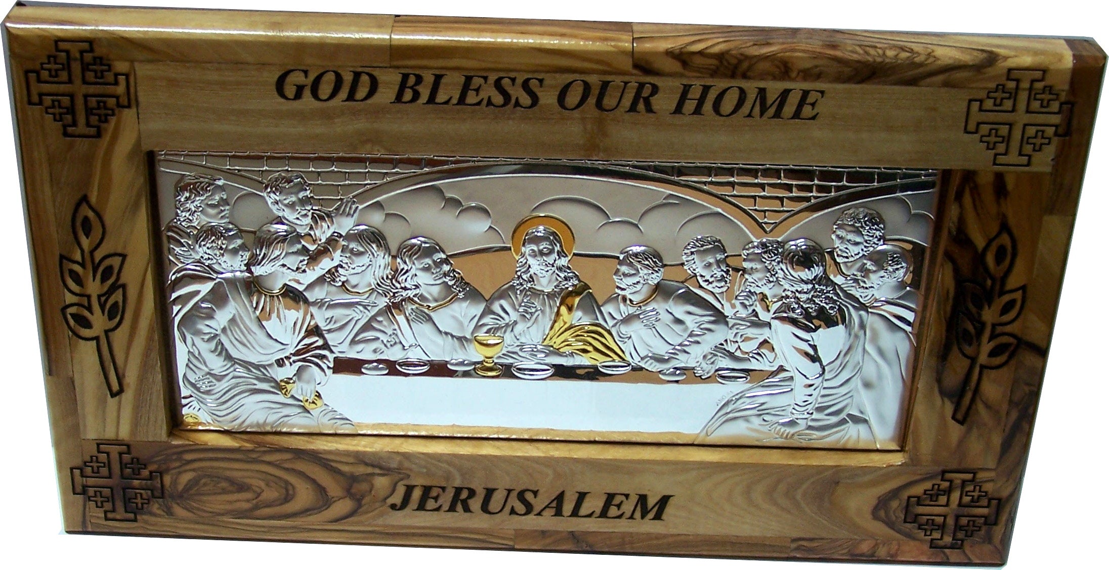  Holy Land Market Last Supper Olive Wood Framed Silver Plaque (12 x 7 inches)、mySite、elrpsem3k