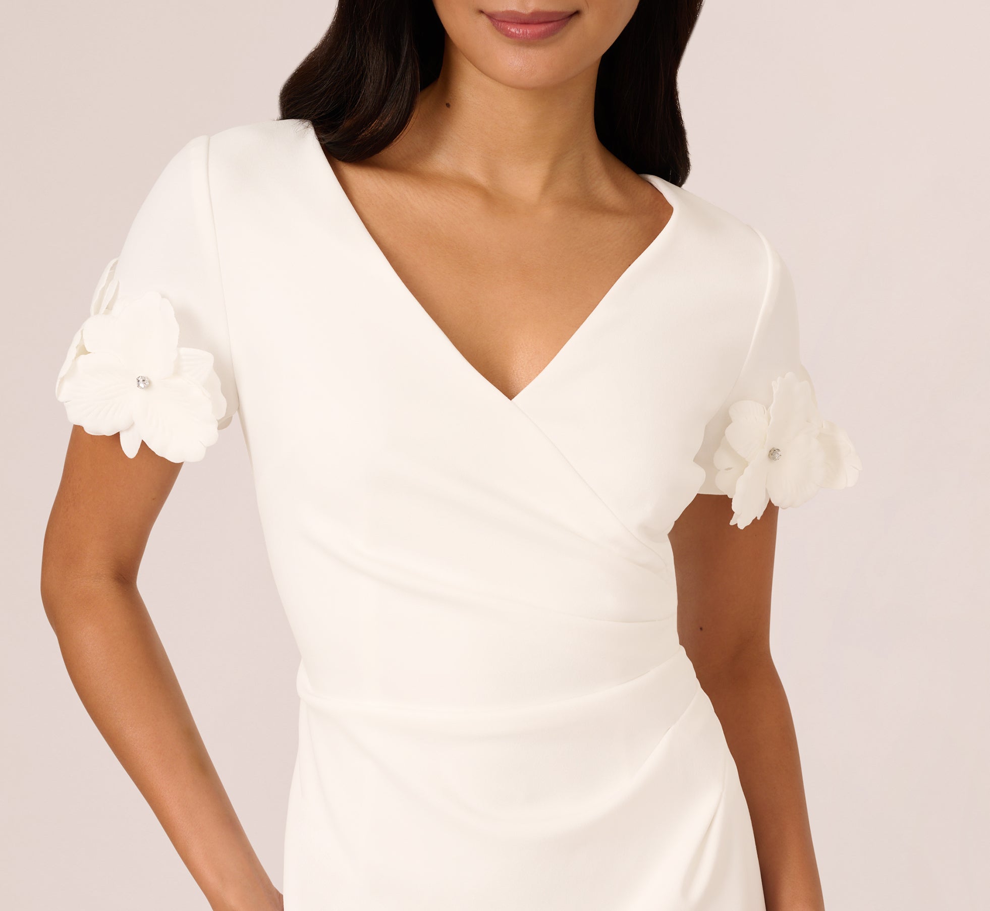 Crepe Faux Wrap Sheath Dress With Floral Accent Short Sleeves In Ivory、mySite、solidvoid
