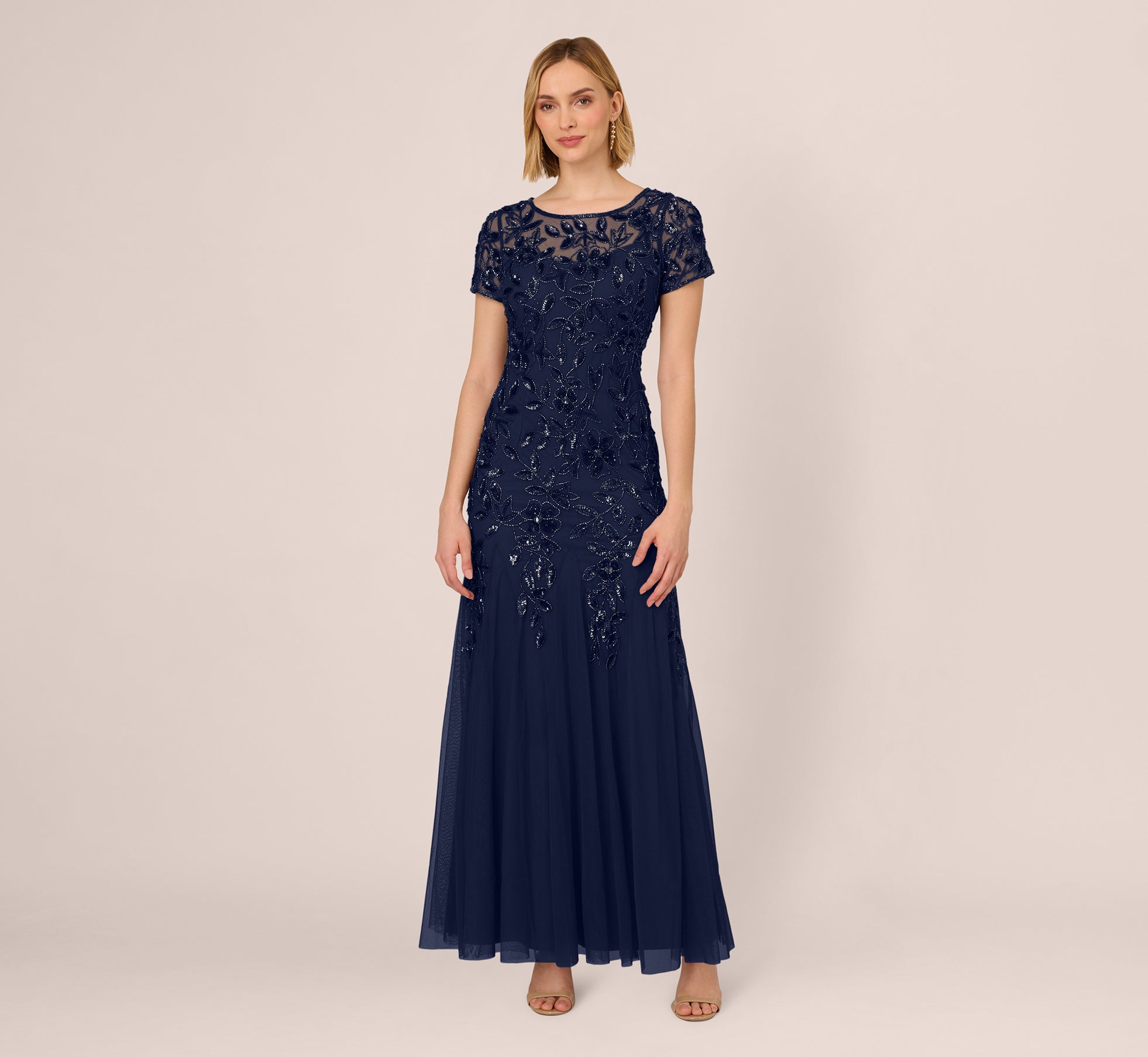 Hand Beaded Short Sleeve Floral Godet Gown In Light Navy、mySite、solidvoid