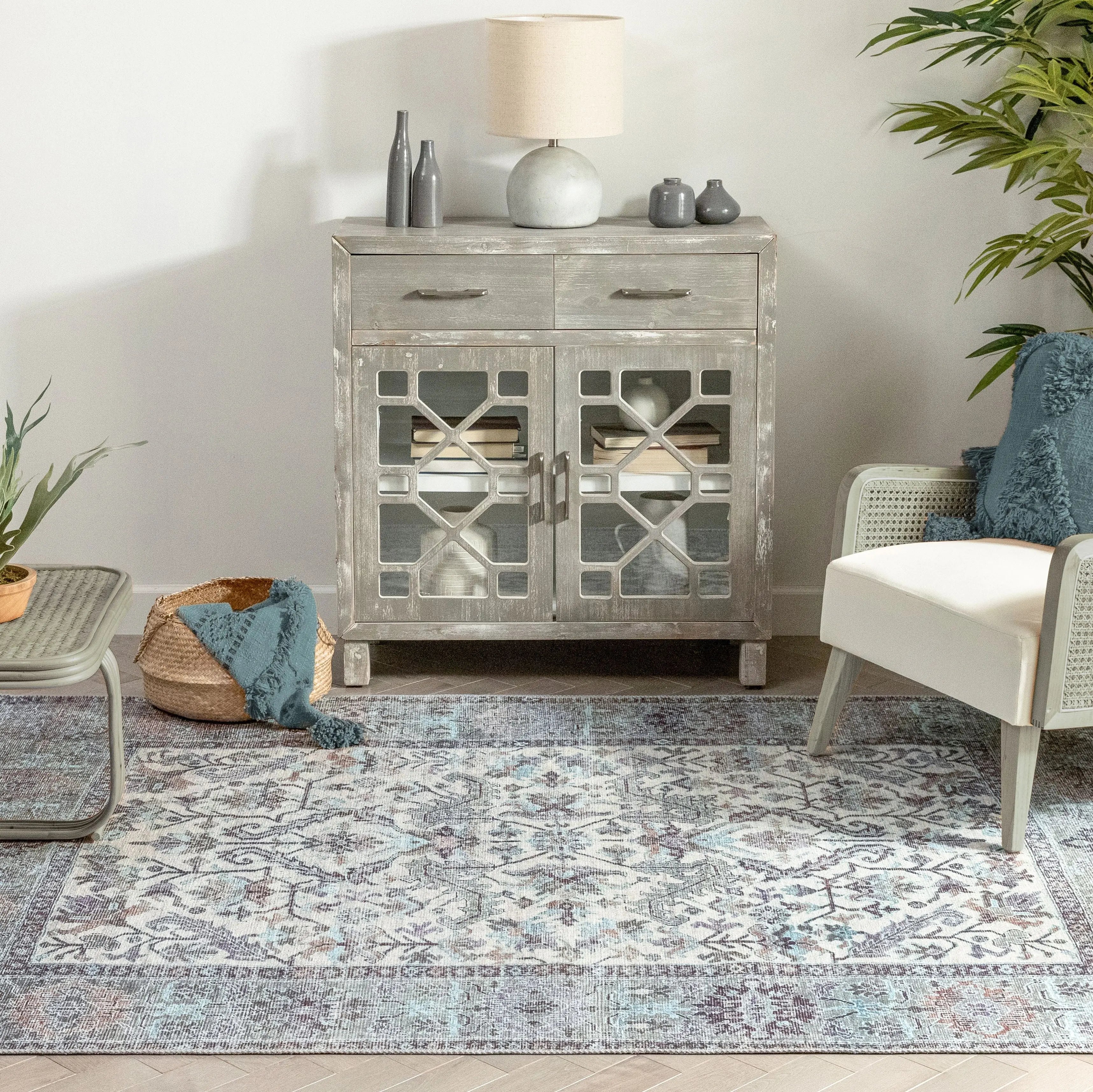 Macon Machine Washable Vintage Medallion Botanical Border Beige Flat-Weave Distressed 5'3 x 7'3 Rug、mySite、gigharbornorthrealestate