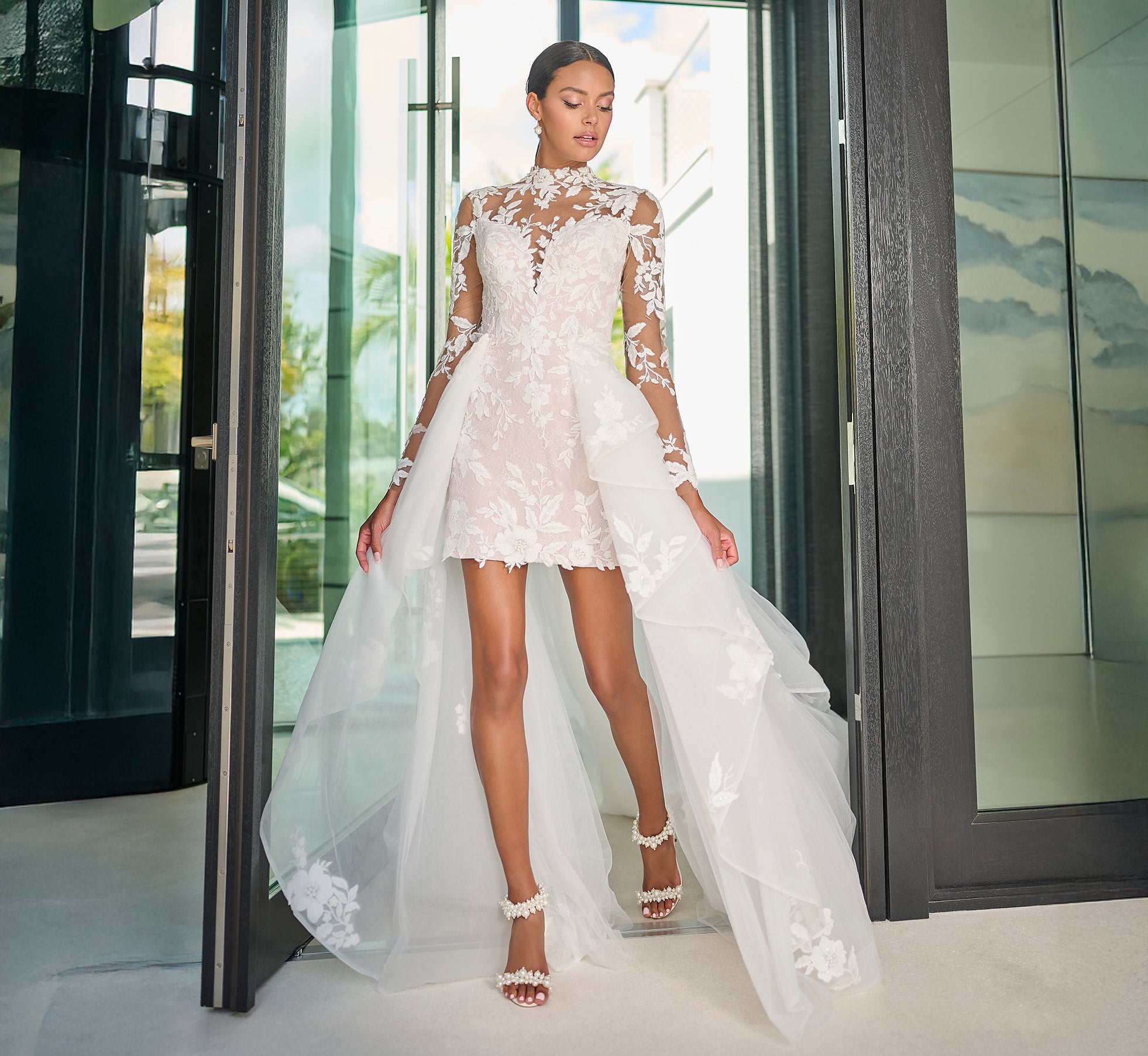 Chantilly Lace Short Dress with Detachable Tulle Overskirt in Ivory French Lilac Nude、mySite、solidvoid