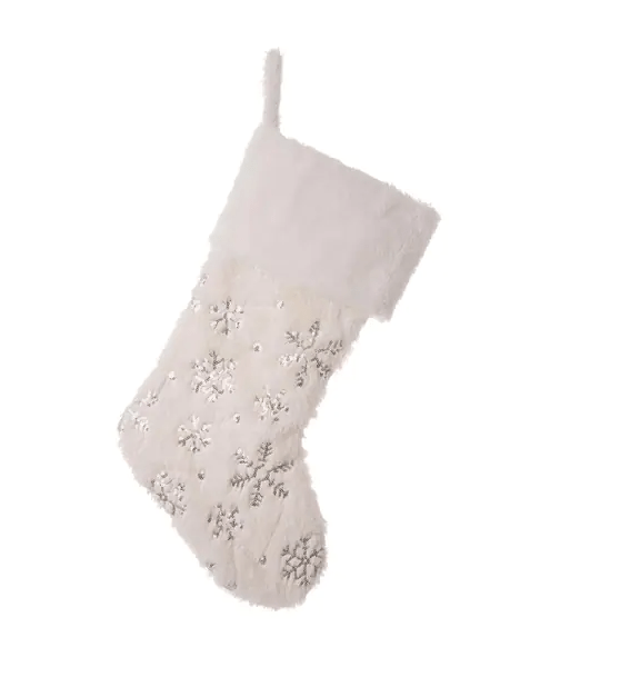 Plush Christmas Stocking Silver Embroidered Sequin Snowflakes Loop Hanger、mySite、g9winljtr